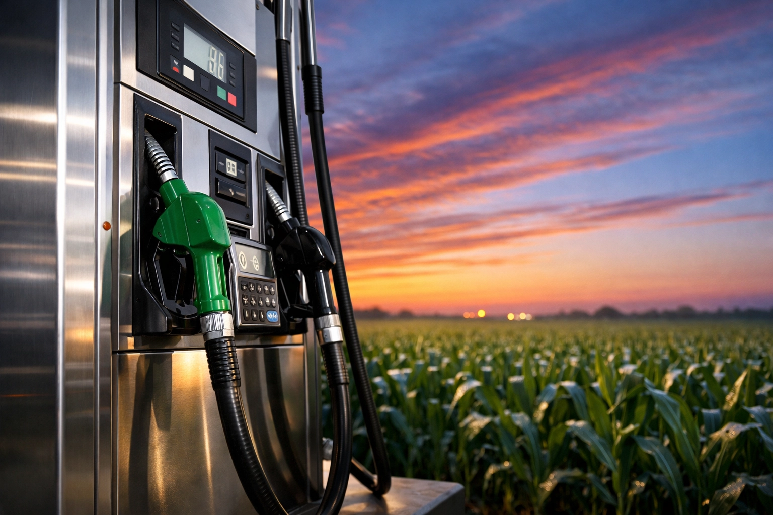Modern gas station fuel pump at sunrise with cornfields, highlighting EPA's nationwide E15 ethanol expansion.