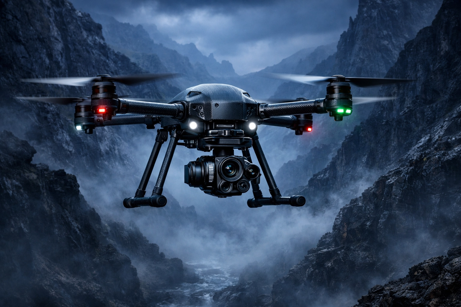 High-tech drone with advanced gimbal flying over a misty canyon illustrating latest drone industry trends.