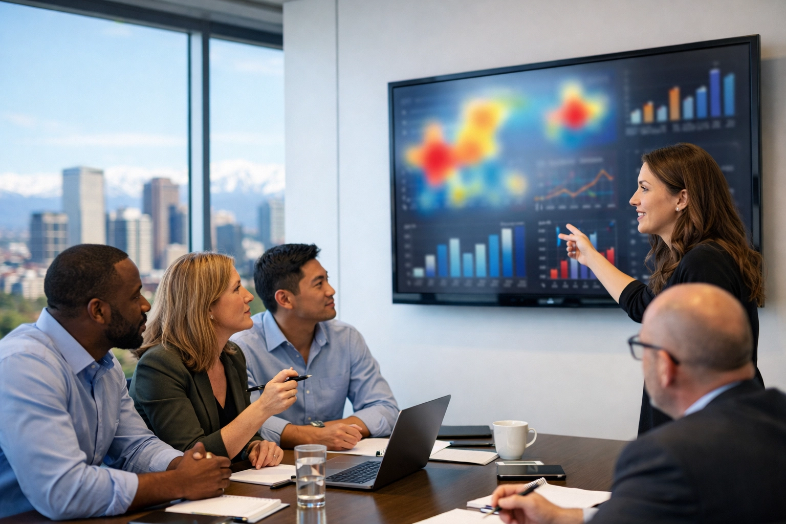 Strategic consulting team analyzing data visualizations to optimize future event creative production.