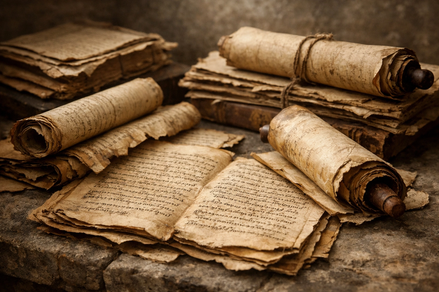 Ancient biblical manuscripts and scrolls preserved on stone showing authentic Scripture