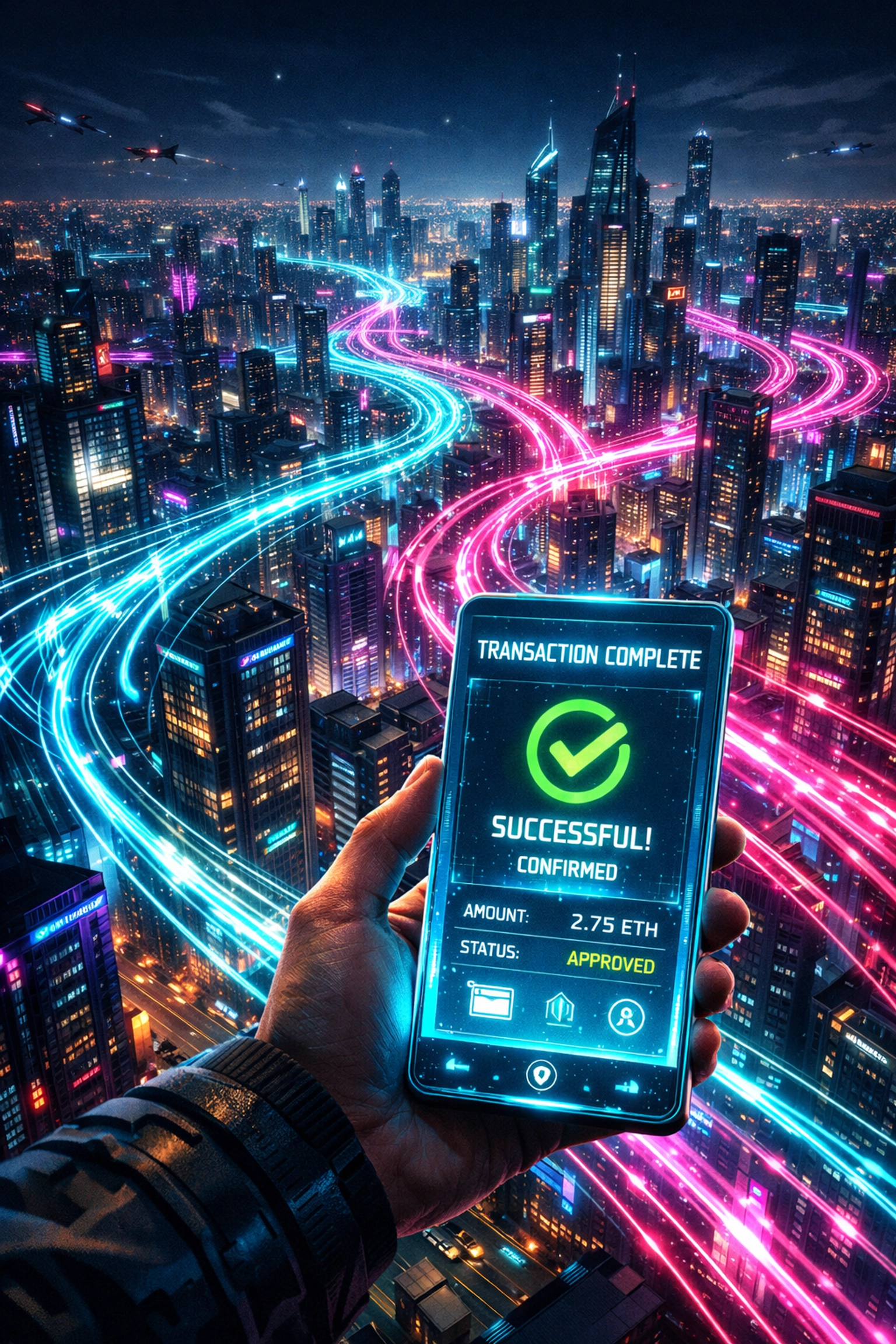Futuristic neon city representing the Larecoin AI-driven Web3 ecosystem and instant crypto payments.