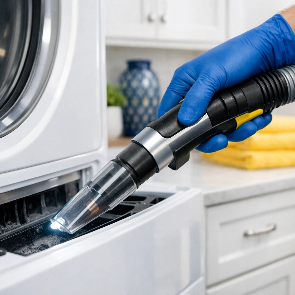 Using a vacuum attachment to deep clean lint from a dryer lint trap for fire prevention.