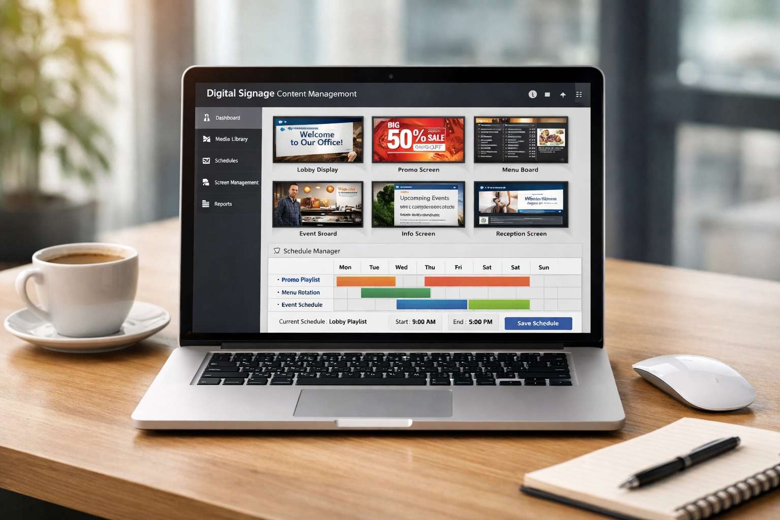 Cloud-based digital signage content management dashboard for multi-location venue control