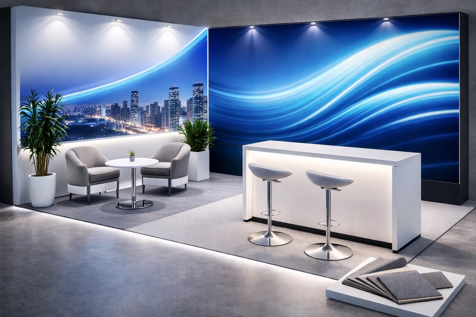 Turnkey exhibition stand service components including printed graphics, LED panel, carpet samples, and modern furniture for a modular exhibition stand.