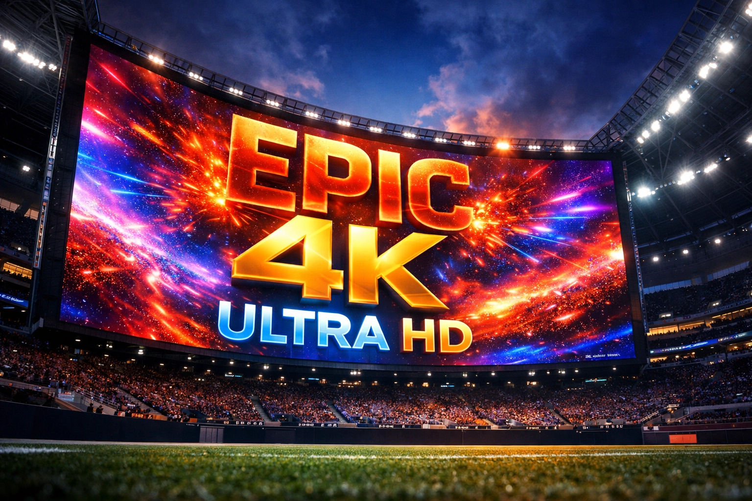 Massive stadium jumbotron displaying 4K content showcasing smart venue technology