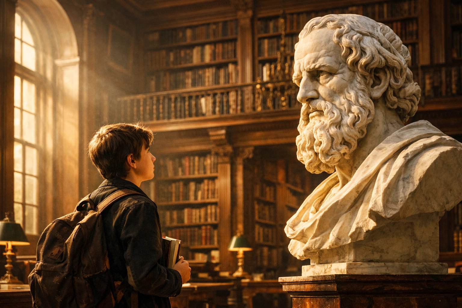 A student in a classical library exploring foundational truths to become a great thinker.