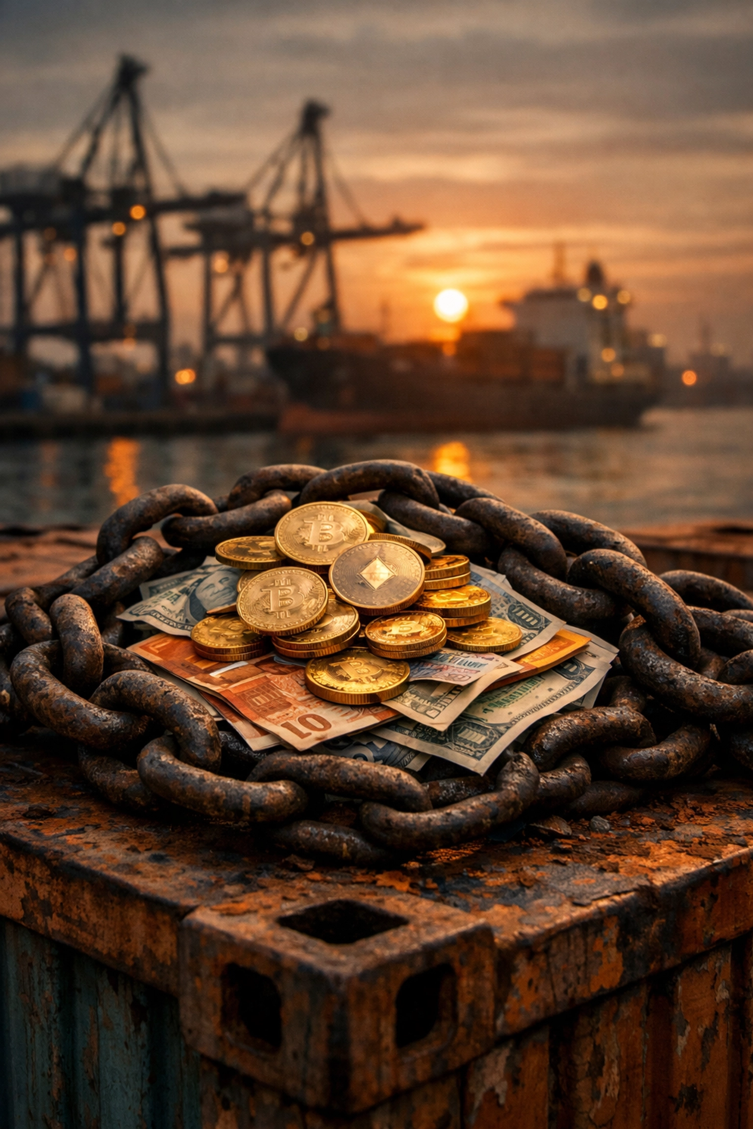 A shipping container with heavy chains and cryptocurrency coins representing global trade tolls.