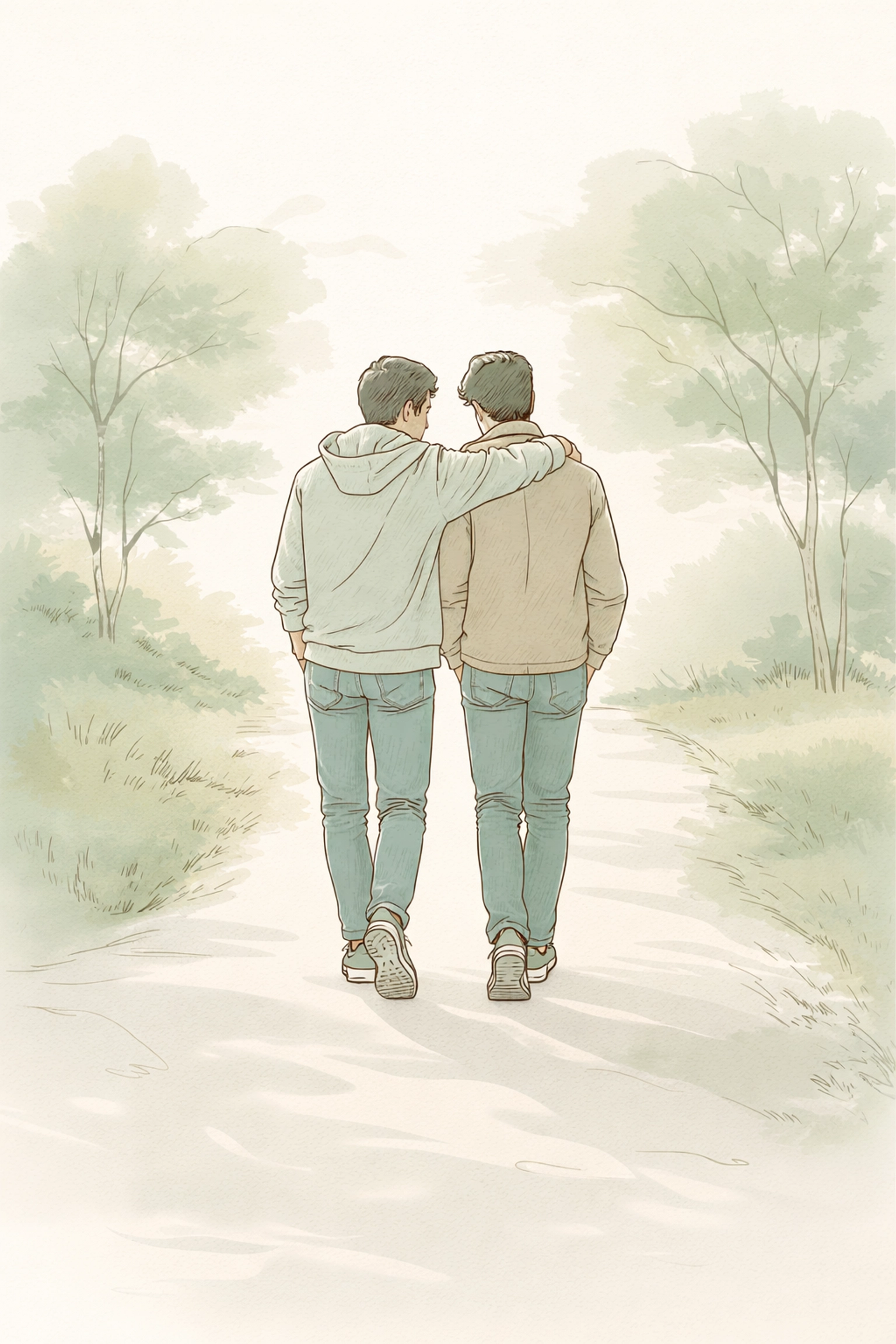 MM couple walking together on a peaceful path, illustrating emotional balance in gay romance