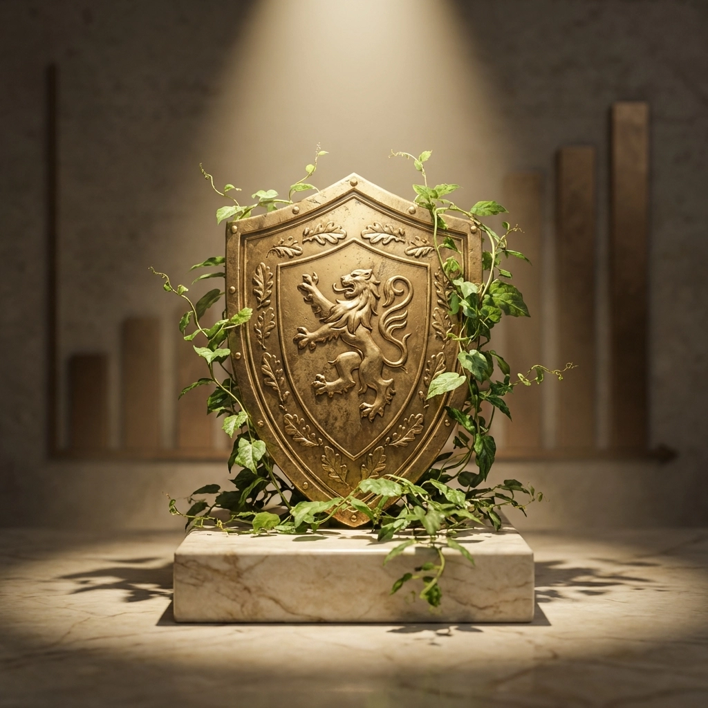 A golden shield and bar charts representing risk mitigation and protective strategies in alternative investments