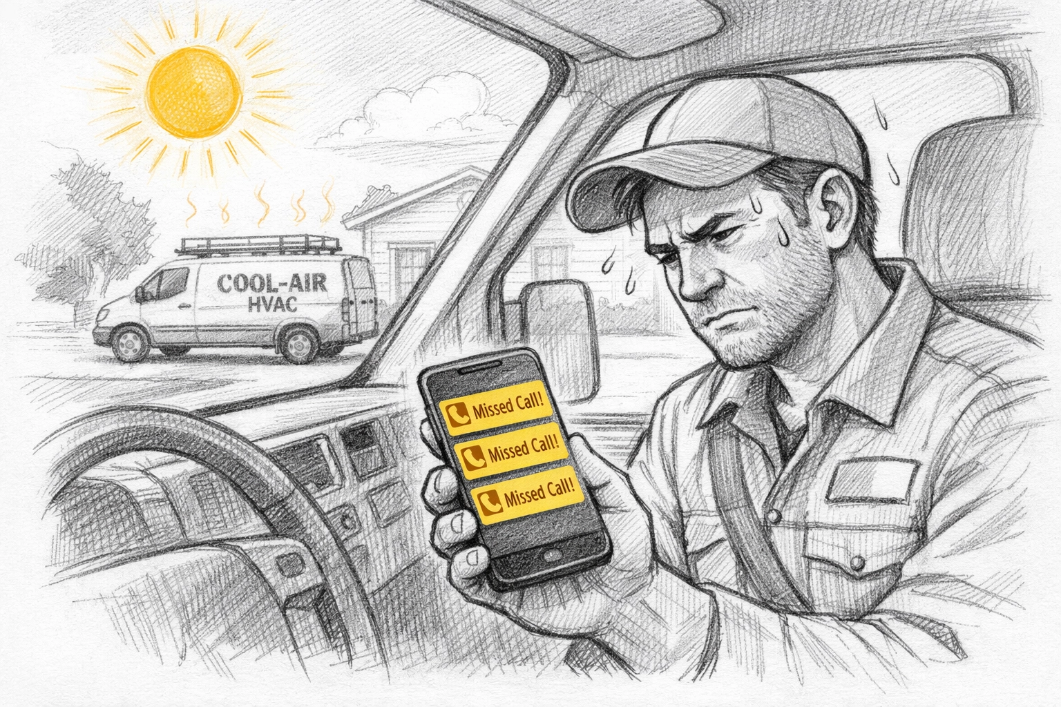 HVAC technician in service van checking missed calls as competitor arrives to take the lead