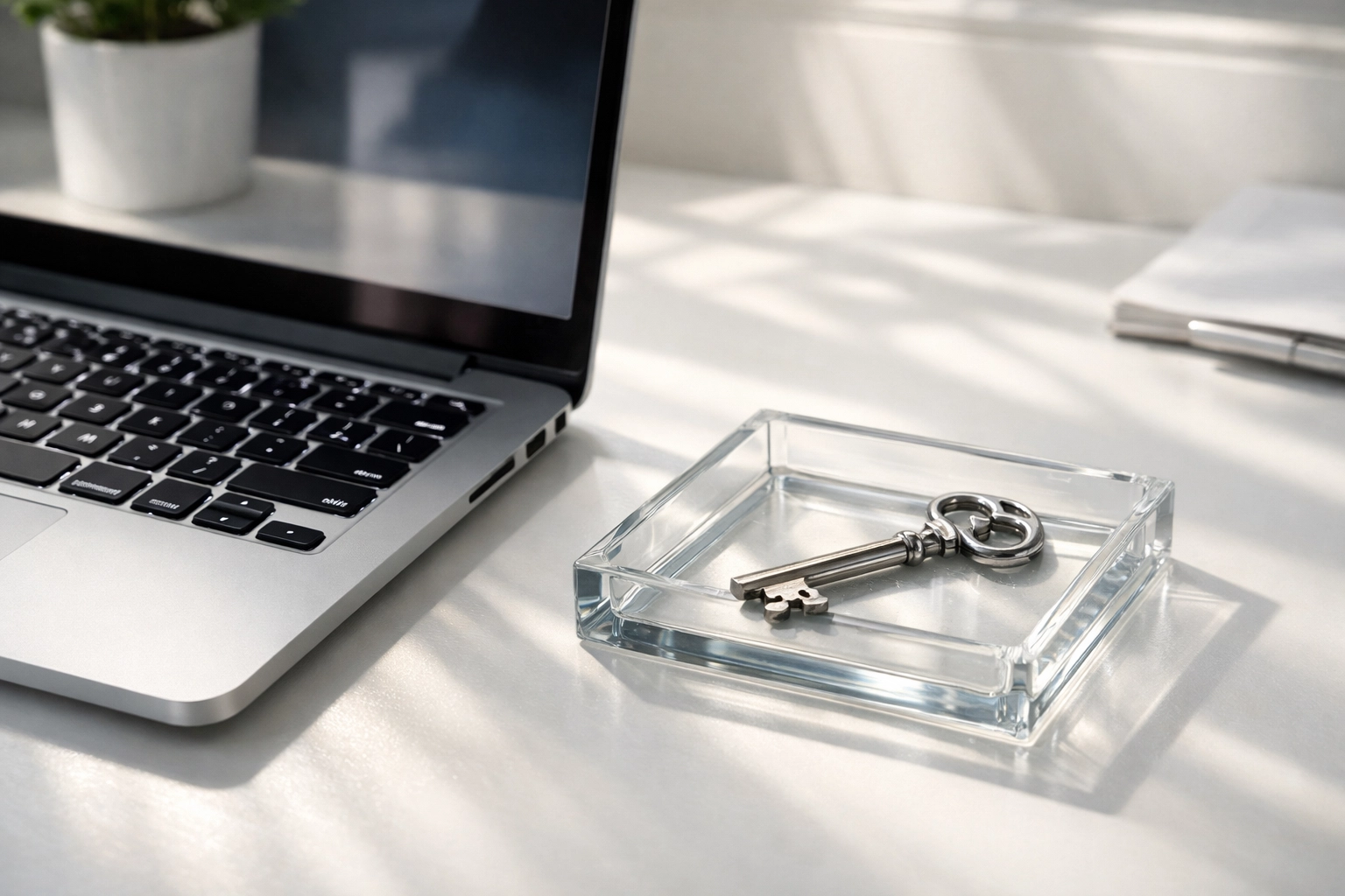 Laptop and physical key on a desk symbolizing secure passwords and expert virus removal in Vacaville.