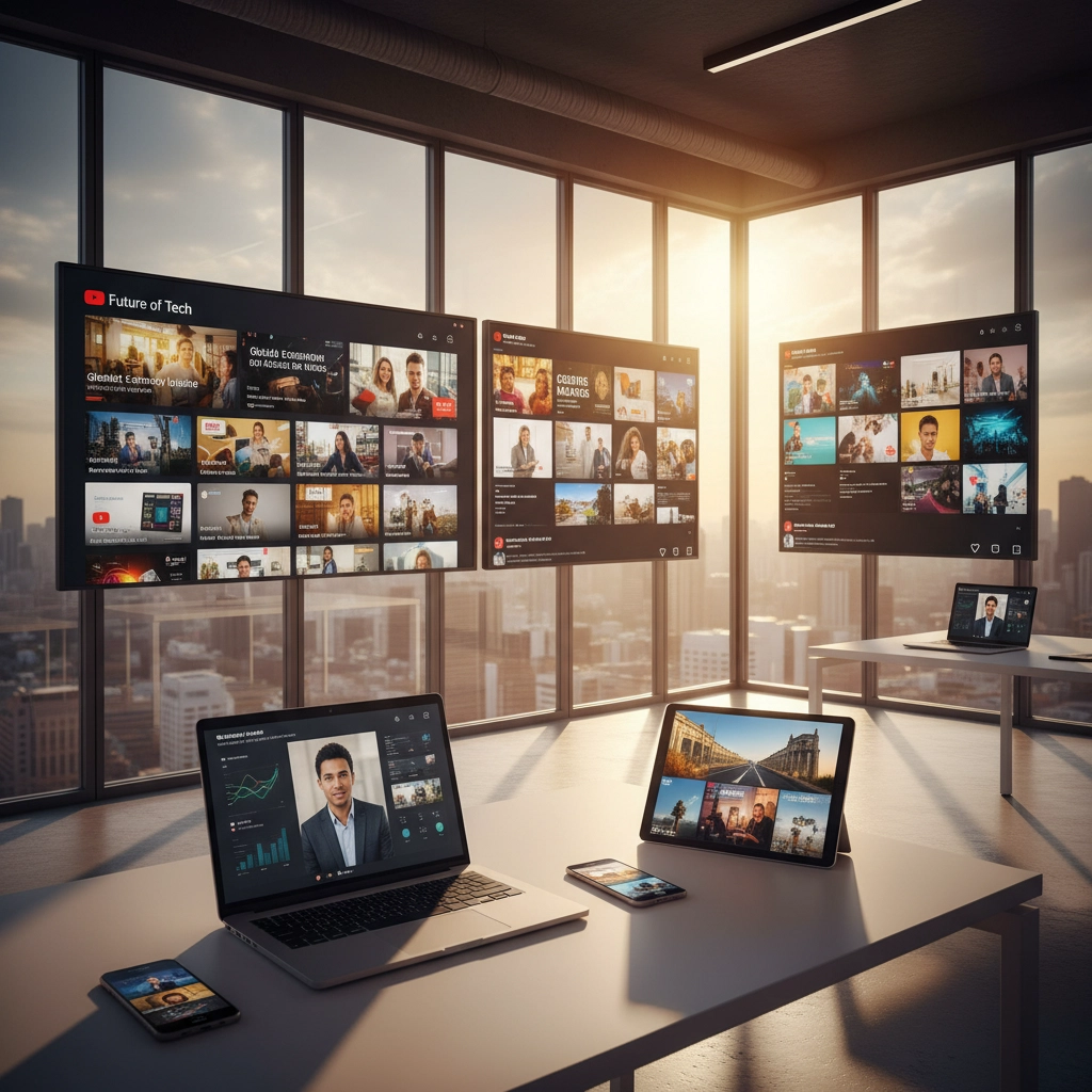 A modern office space in a cityscape setting, showcasing a variety of digital devices including laptops, tablets, and smartphones displaying multimedia content and analytics. Large screens on the walls highlight video streaming platforms and business presentations, capturing a seamless integration of technology in the workplace.