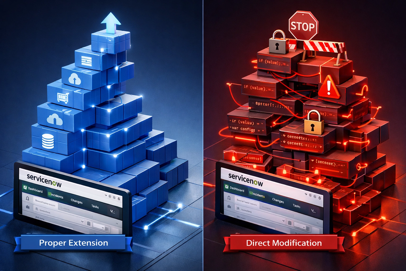 ServiceNow discovery pattern customization comparison: proper extension versus blocked upgrades