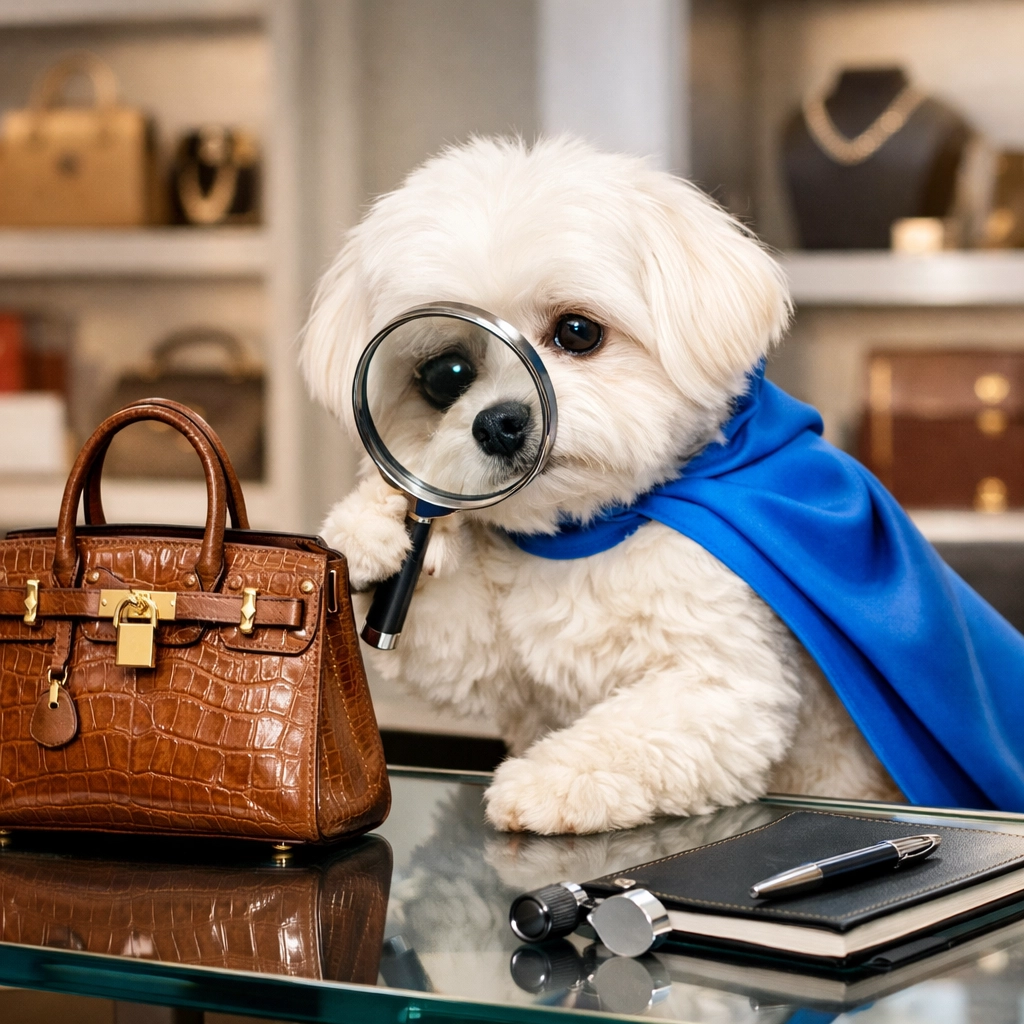 White Maltese in a blue cape using a magnifying glass to verify a designer bag for a luxury authentication service.