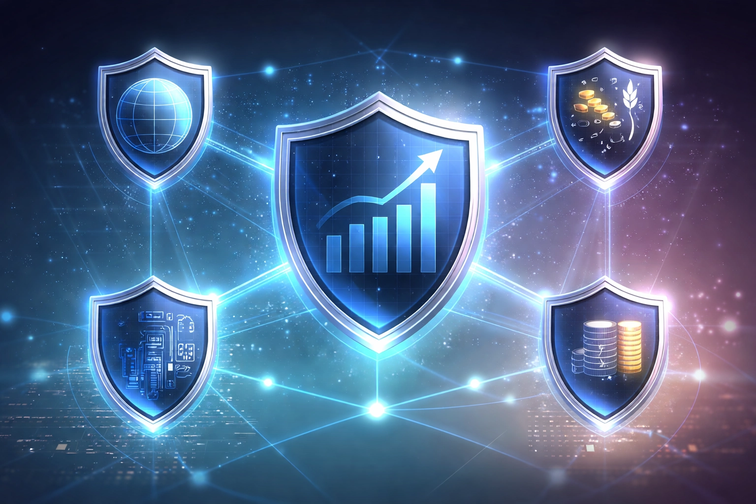 Illustration of interconnected shields representing asset class diversification and advanced risk management strategies.