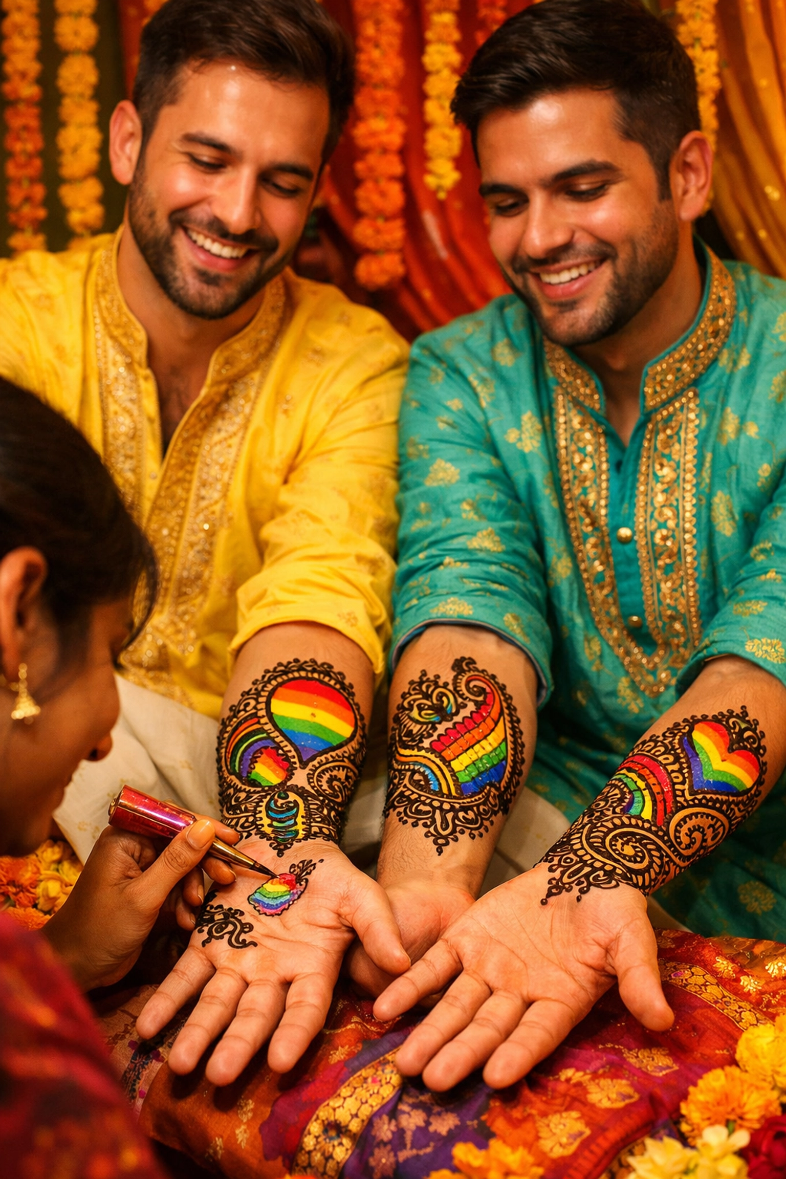 Two grooms receive rainbow henna designs at traditional Indian mehendi ceremony