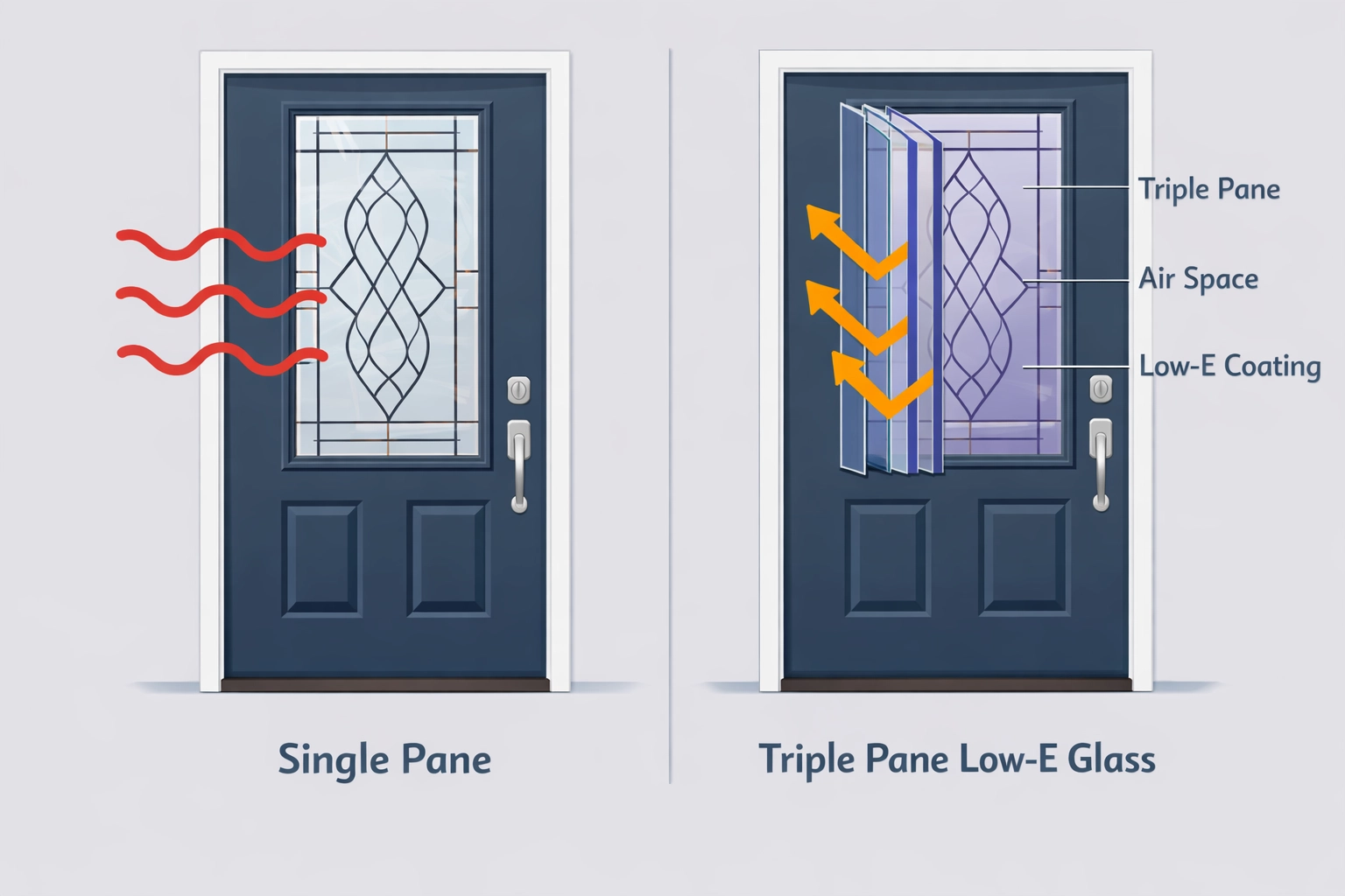 Single-pane vs triple-pane door glass showing heat transfer and energy efficiency