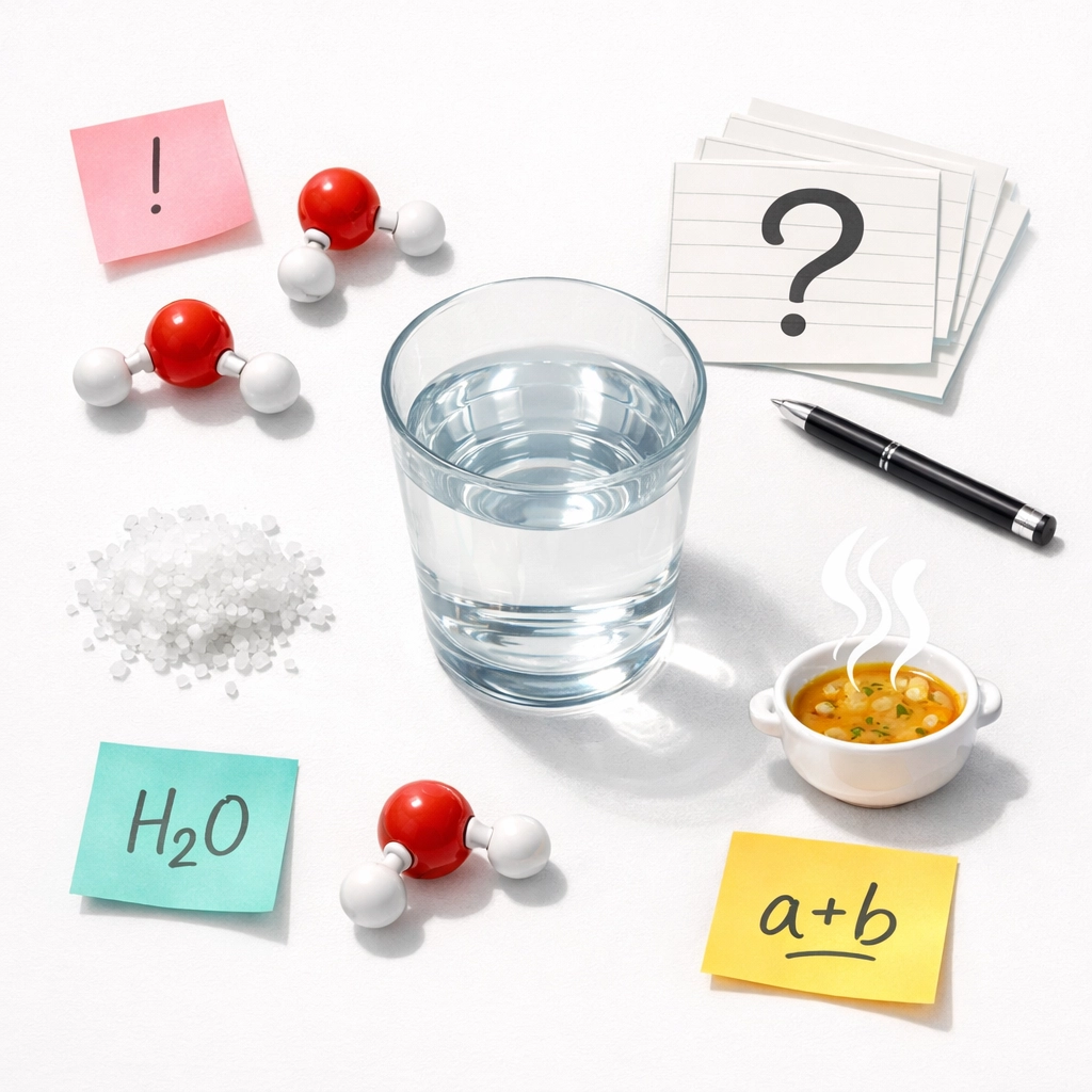 Chemistry brain-teaser materials showing water molecules, salt crystals and revision question cards