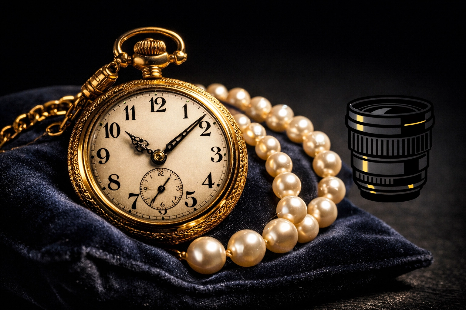 Vintage gold watch and pearls on velvet for a professional Hilliard estate auction listing.