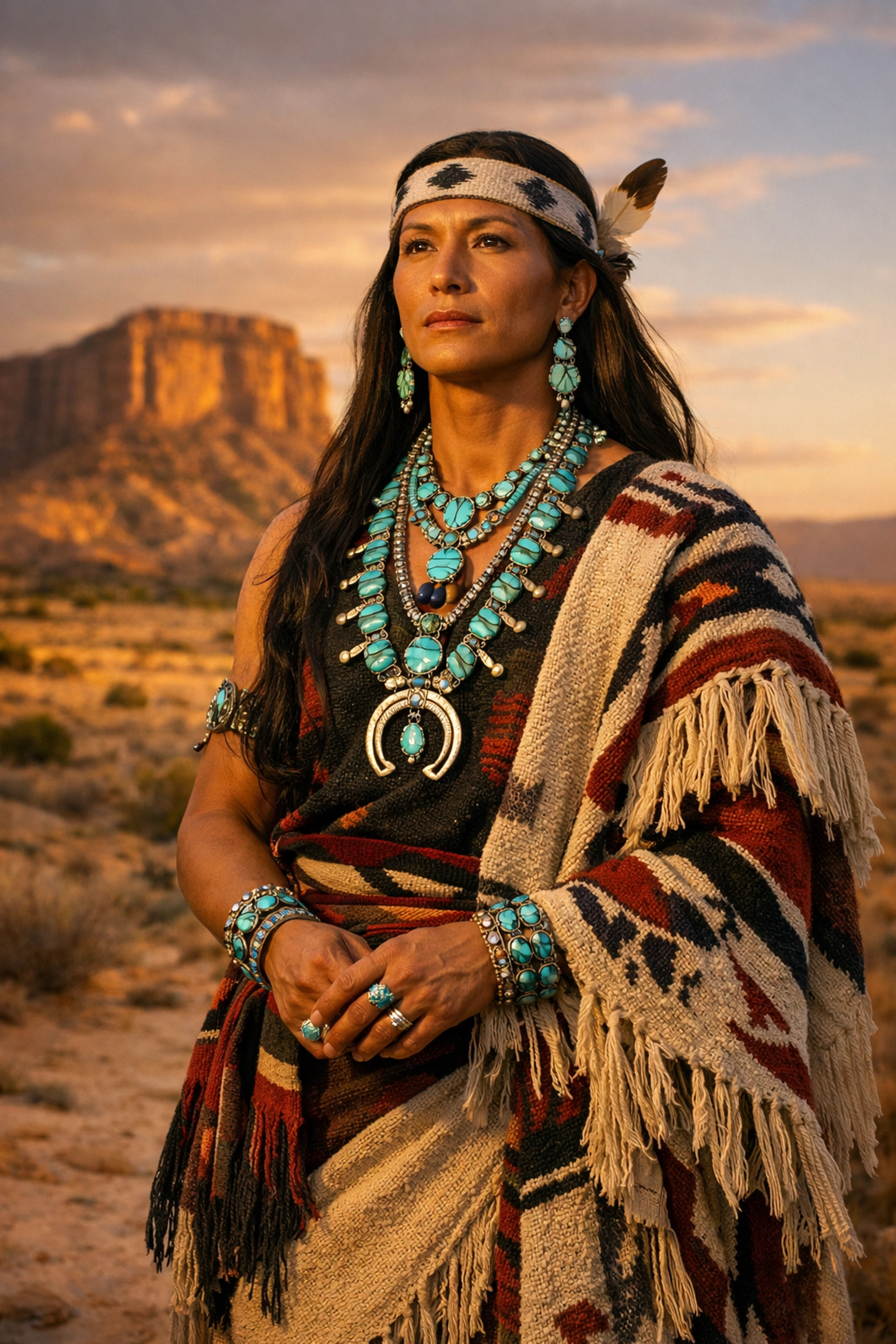 A Zuni Lhamana Two-Spirit leader in traditional jewelry and clothing against a New Mexico mesa.