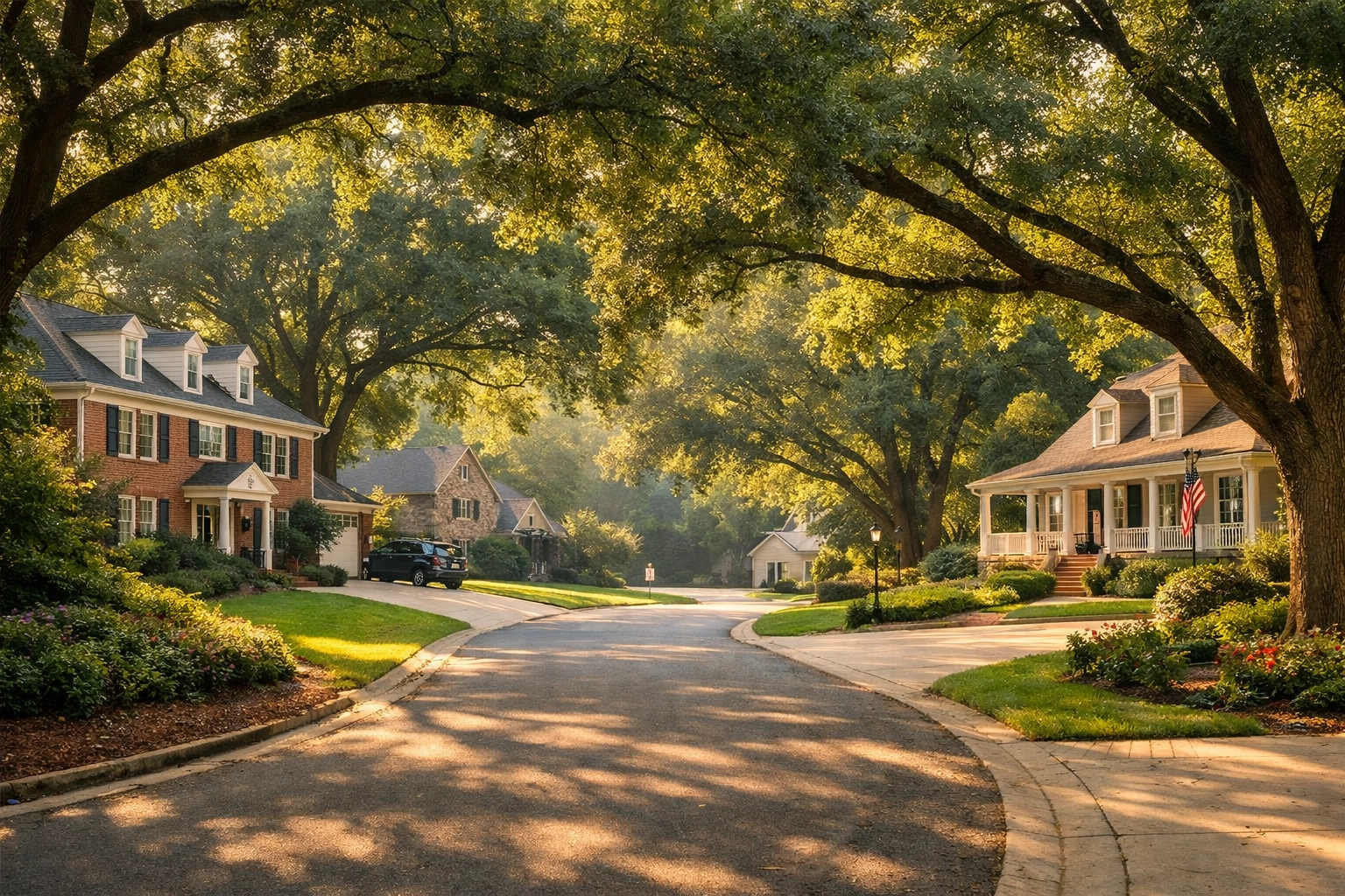 Peaceful Guilford County neighborhood street showcasing a beautiful Triad residential community.