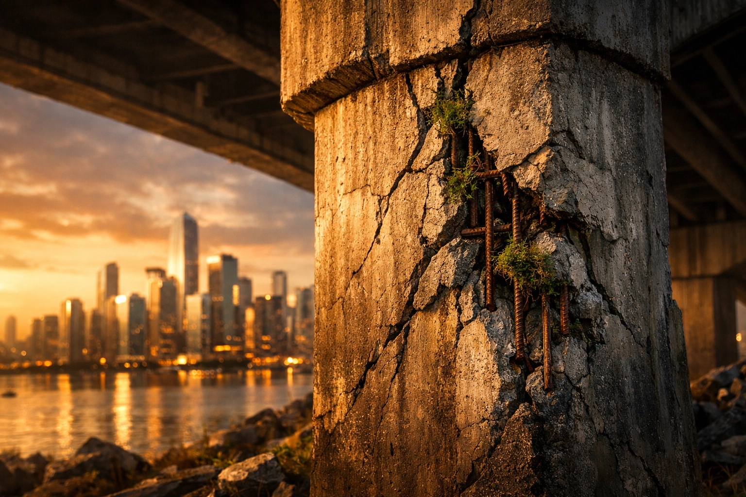 A cracked concrete bridge pillar with exposed rusty rebar against a modern city skyline backdrop.