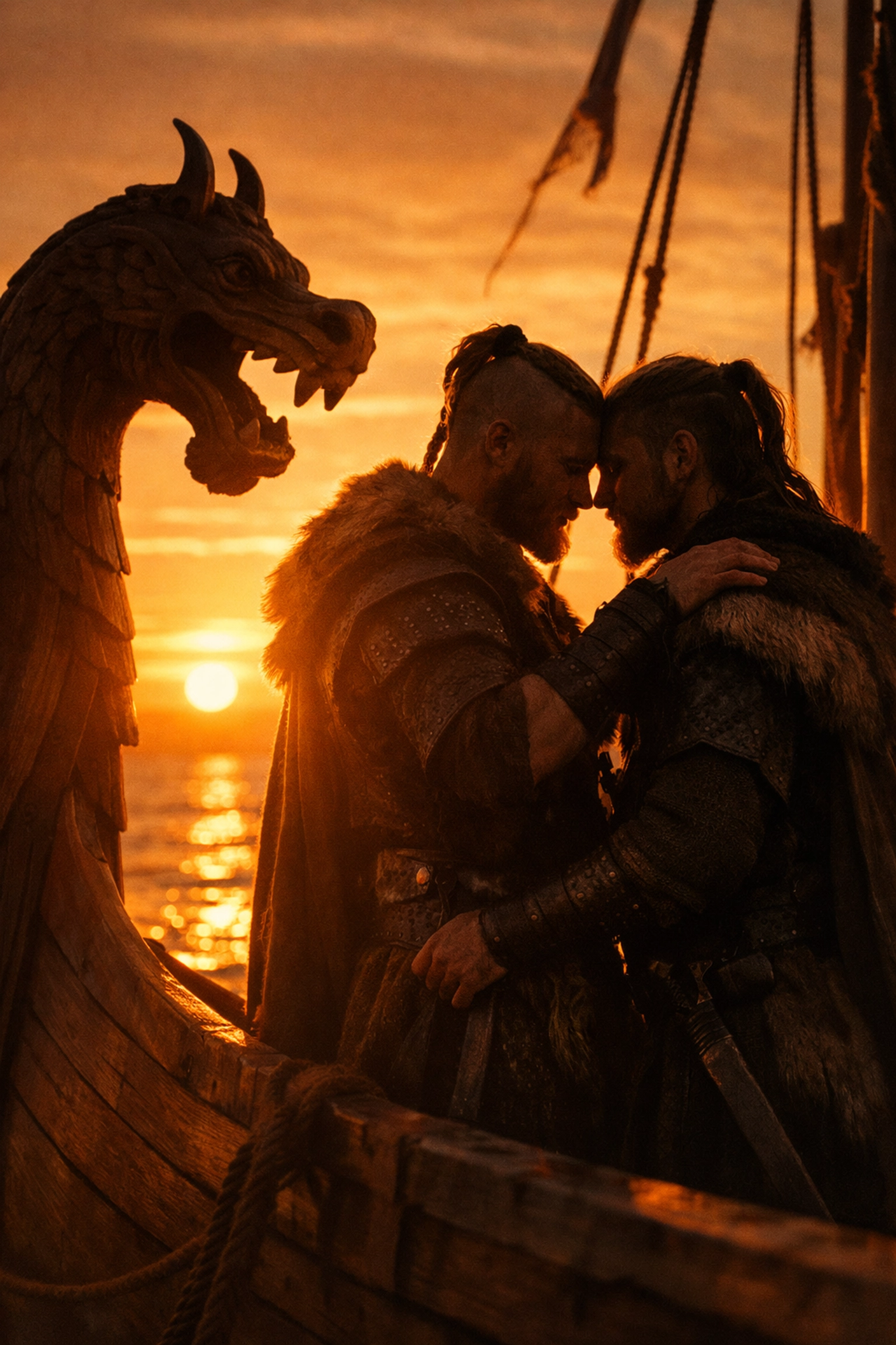 Two Viking warriors in intimate embrace on longship at sunset, queer romance