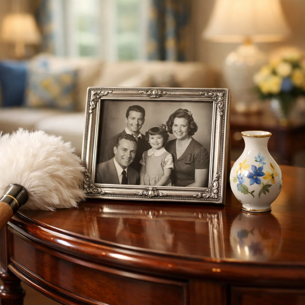 Dust-free side table with family photos, showing gentle senior home cleaning.