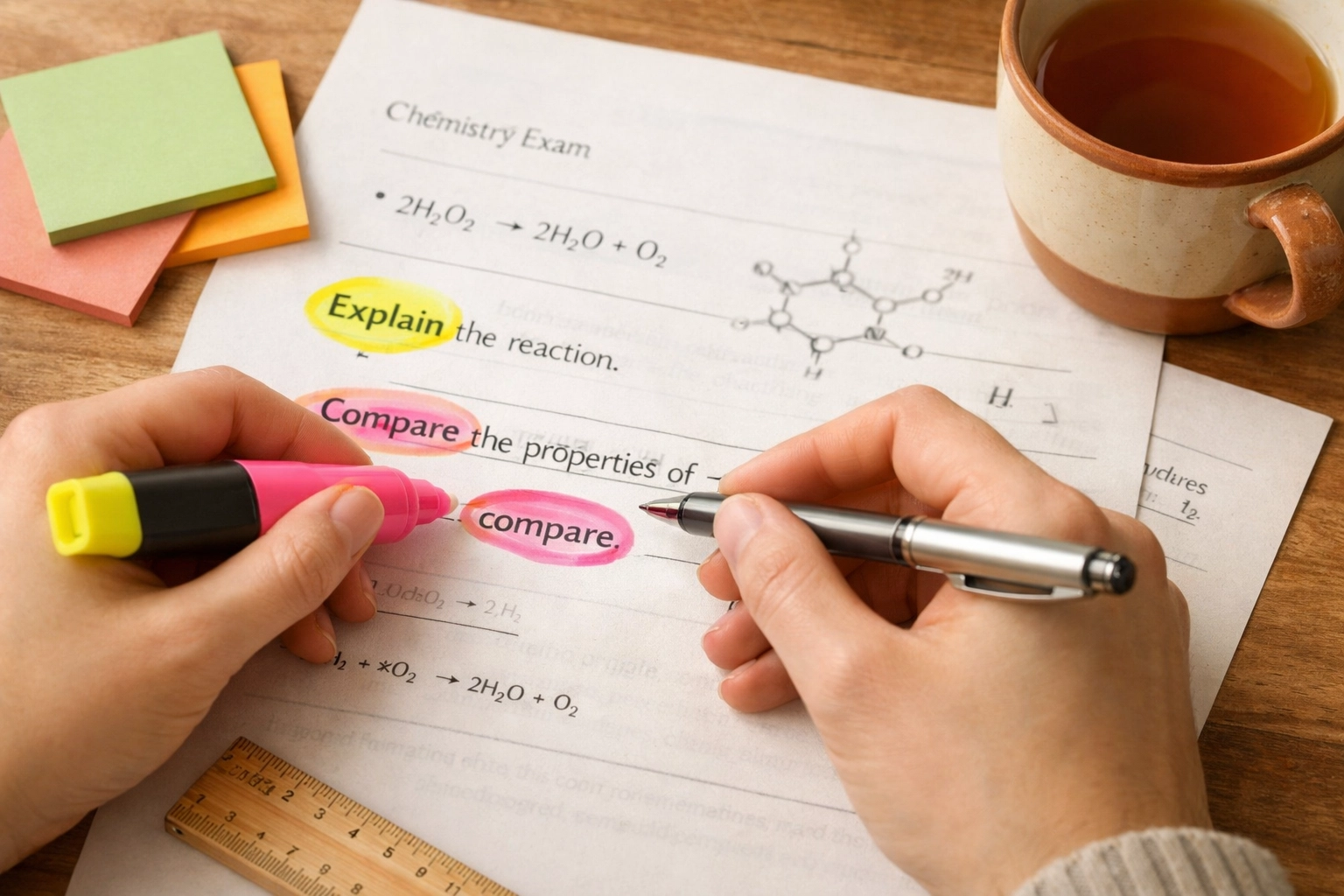Student annotating Chemistry exam paper highlighting command words for A* technique