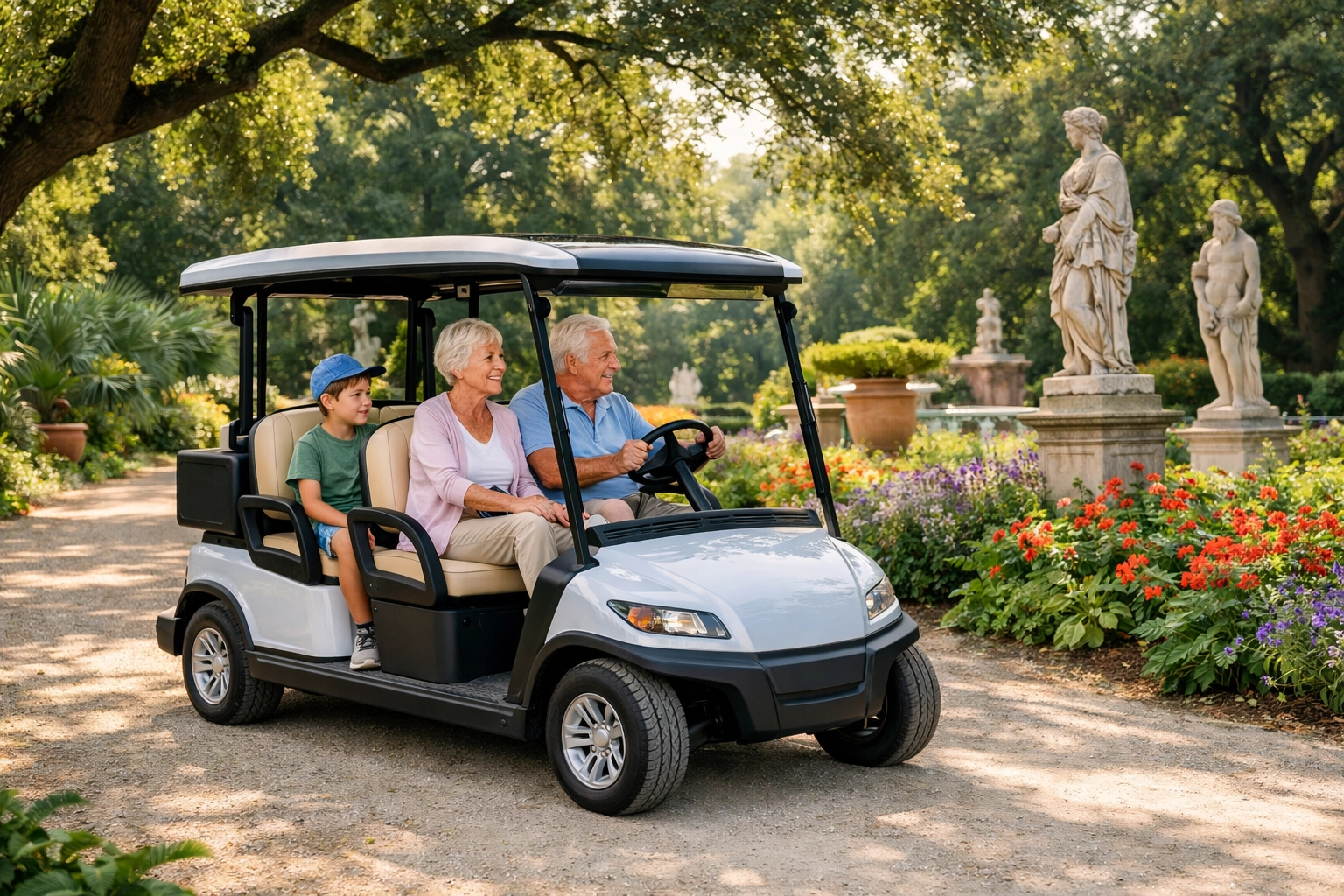 Senior couple and child enjoying an accessible golf cart tour through a lush European botanical garden.