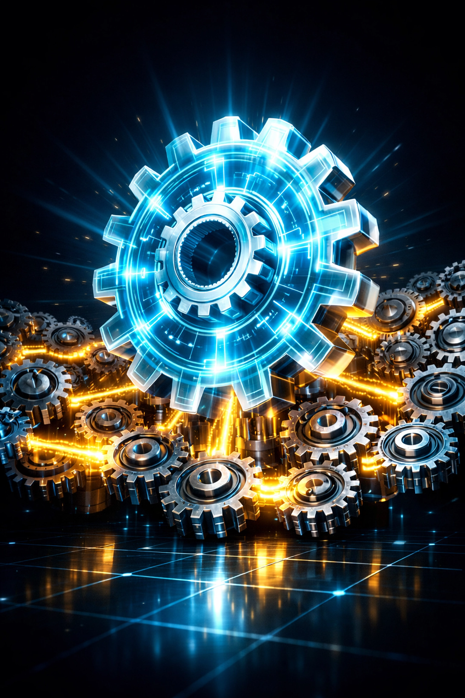 KI-Strategie als zentrales Zahnrad treibt vernetzte Einzel-Tools in einem Unternehmen effizient an.