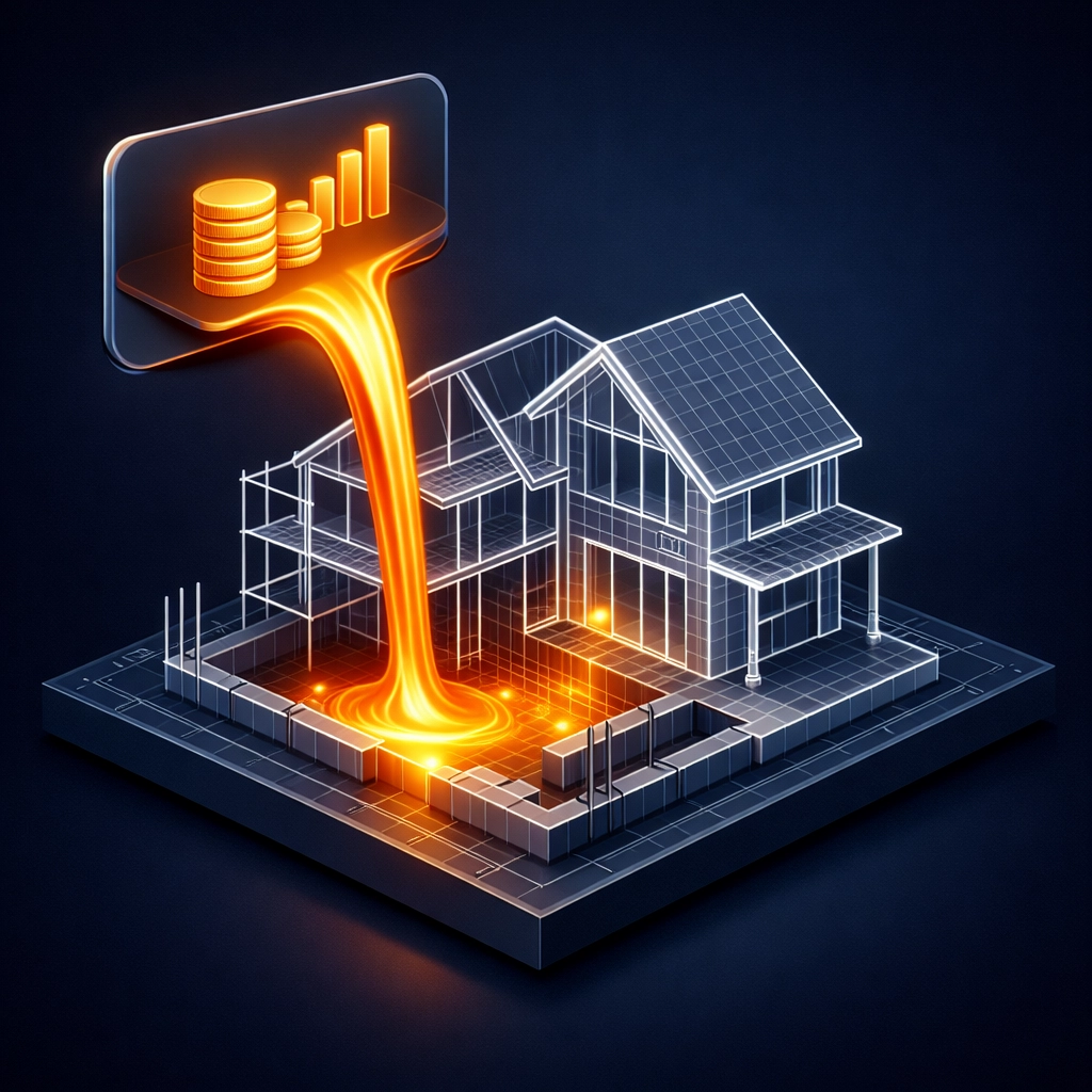 Strategic release of construction loan capital into a building foundation wireframe.