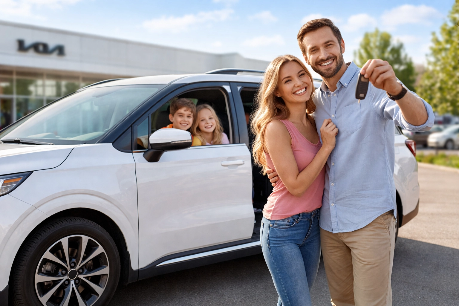 Smiling family with new Kia Carnival minivan in Roseville Kia parking lot, celebrating easy trade-in experience