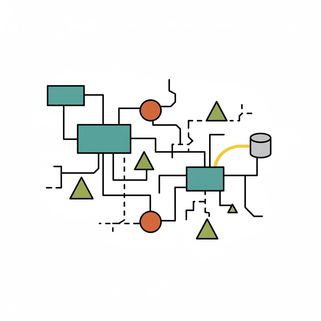 Flowchart with green rectangles, orange circles, and triangles connected by lines. A yellow line leads to a gray cylinder, symbolizing data flow.