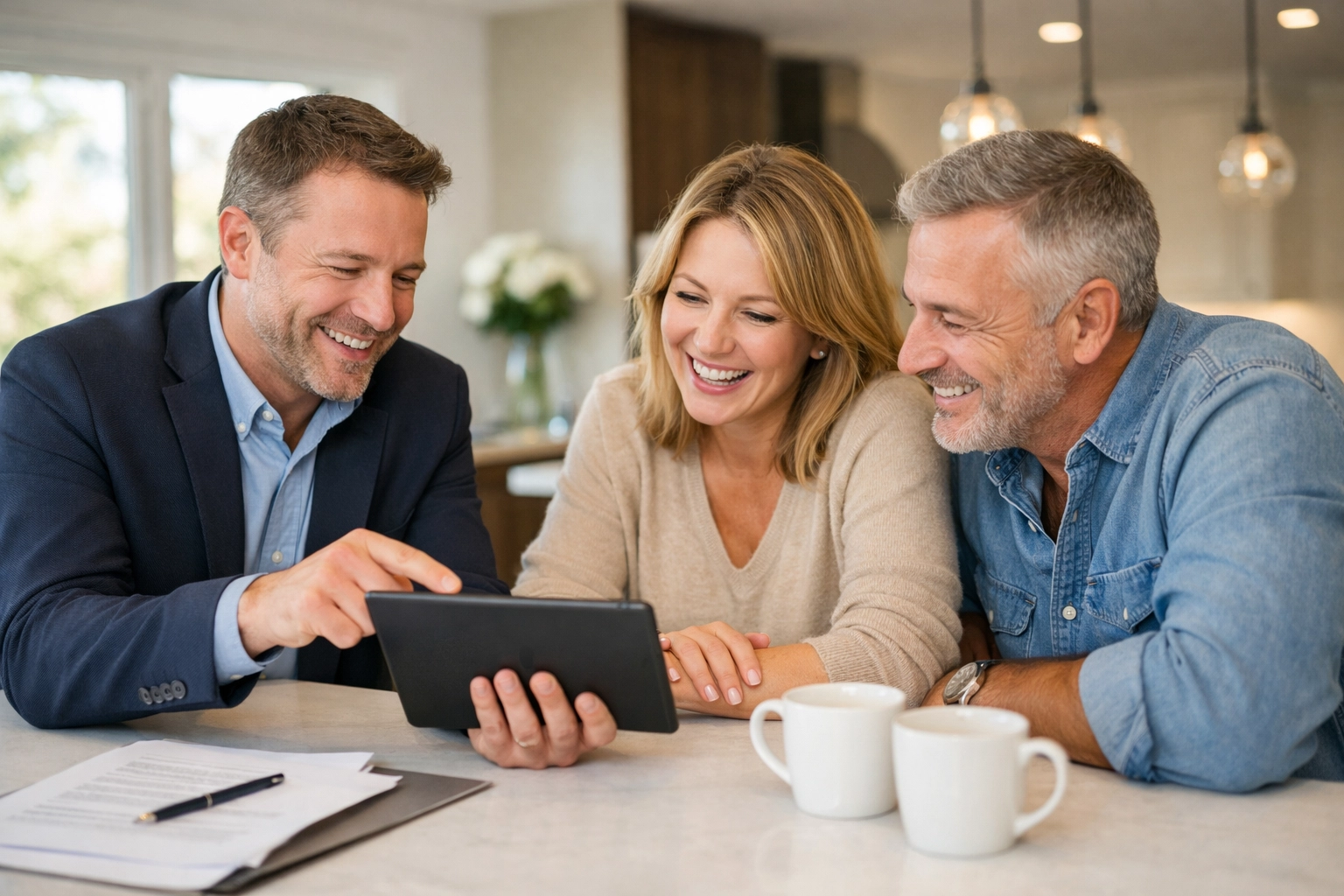 A mortgage strategist discussing a personalized bank statement loan plan with a couple in a modern kitchen.