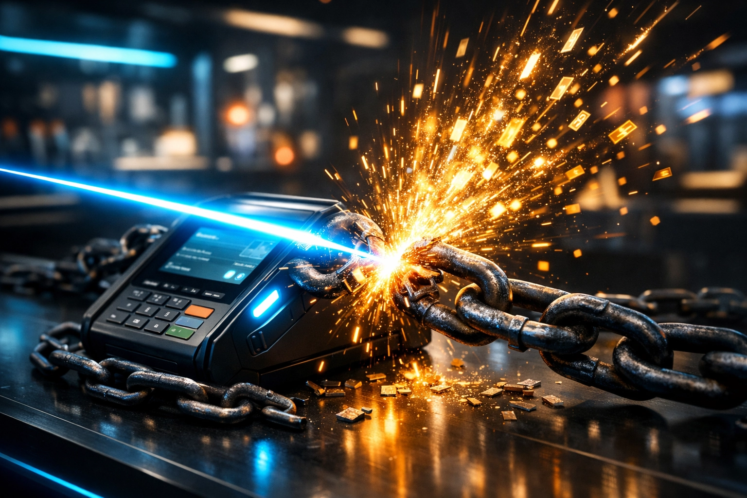 Digital laser cutting chains on a payment terminal representing reduced merchant fees with Larecoin.
