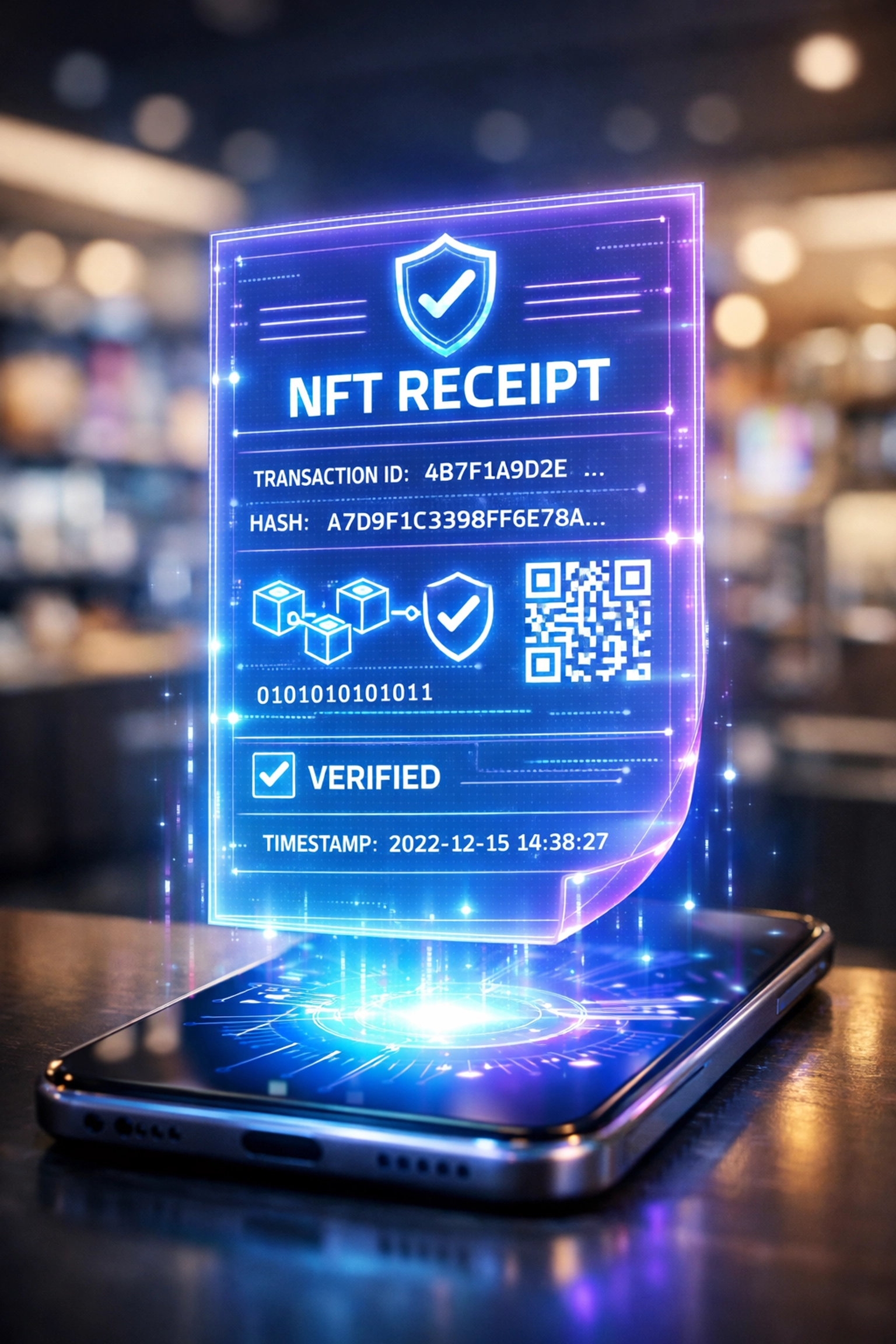 NFT receipt verification on smartphone showing blockchain proof of purchase