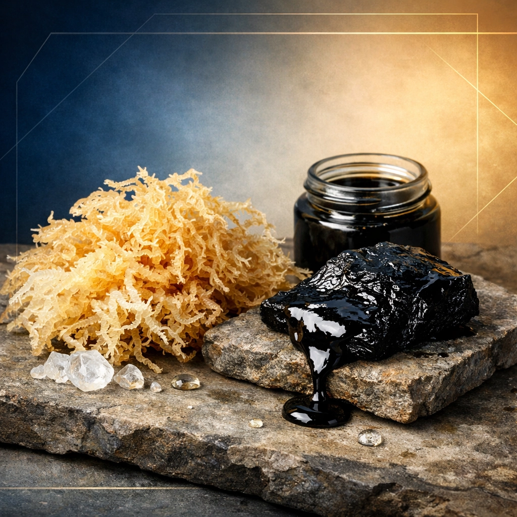 Raw sea moss and shilajit resin displaying natural mineral-rich supplements for skin health