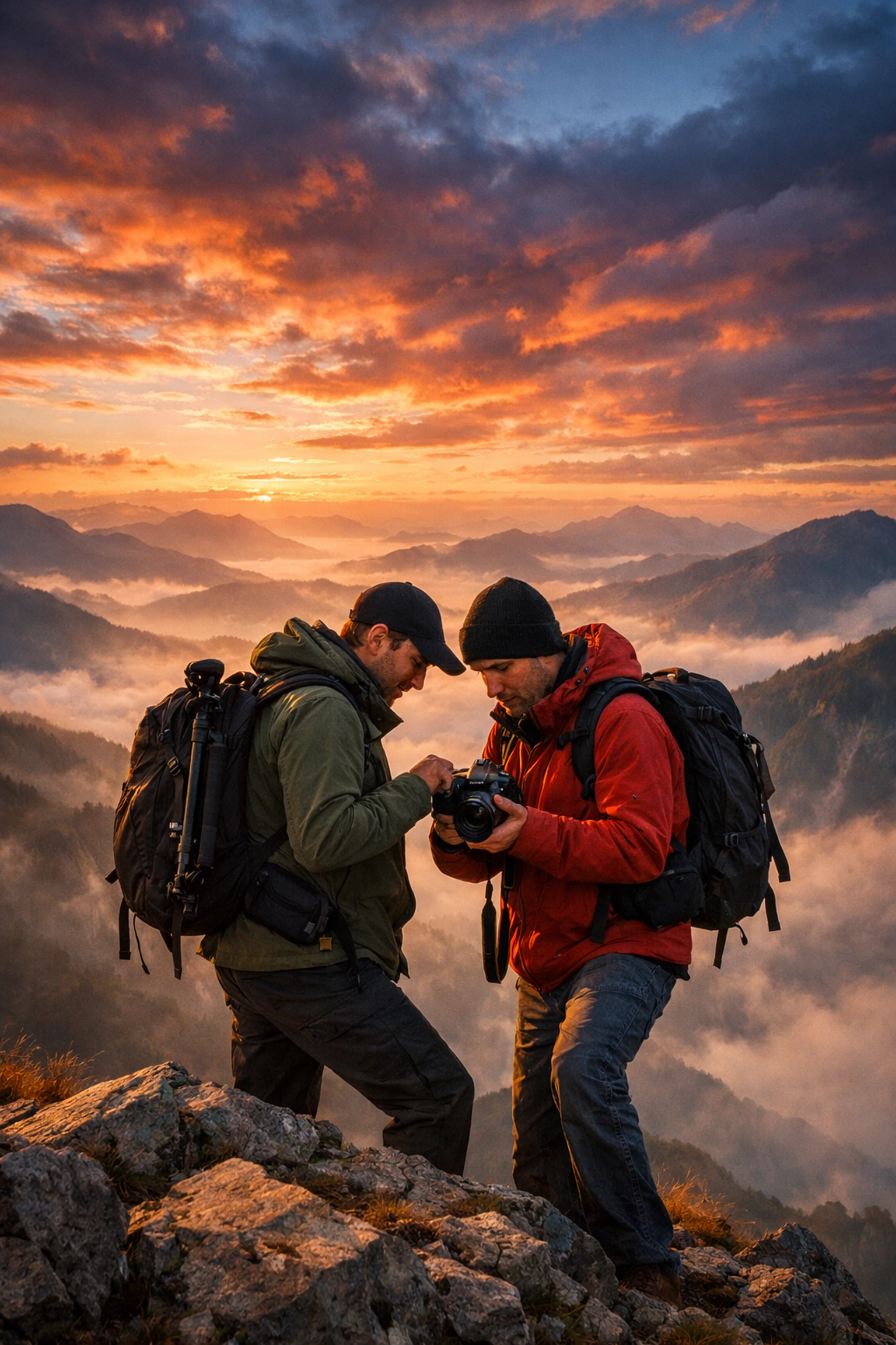 Professional photographers networking and collaborating on a landscape shoot during a mountain sunset.