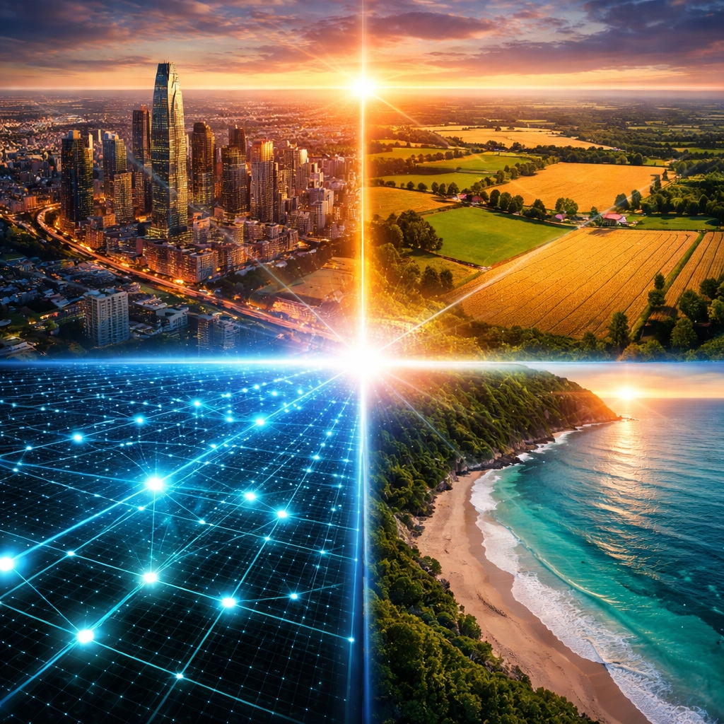 Aerial view of city, farmland, coast, and digital grid emphasizing true diversification across asset classes for investors.