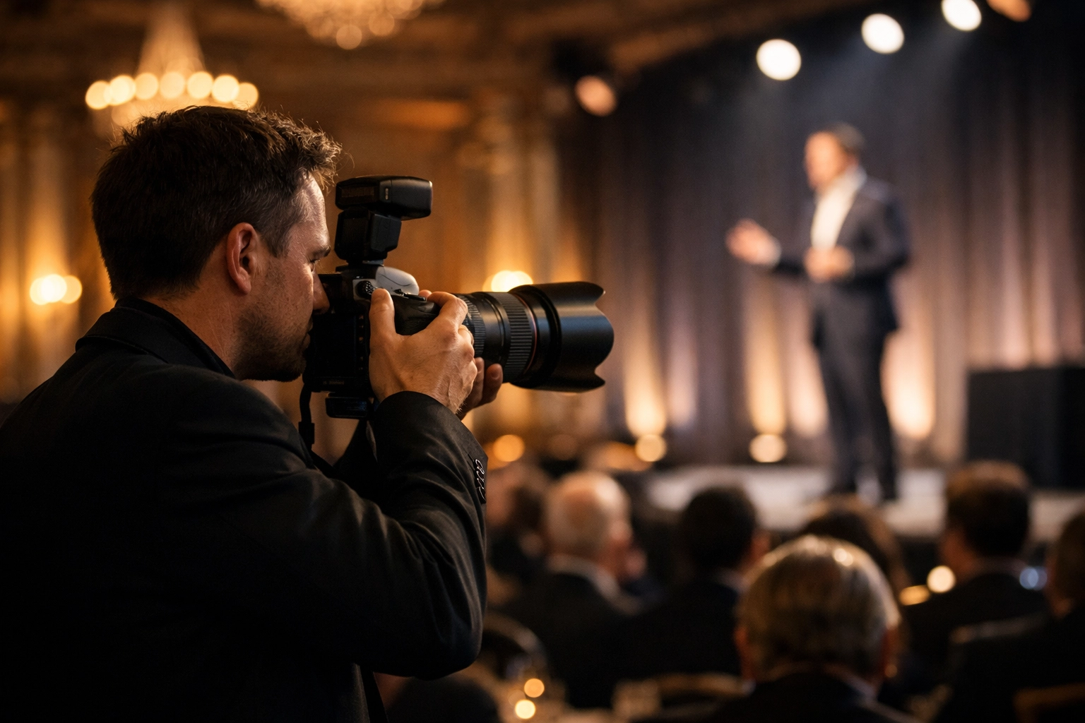 Professional NYC event photographer capturing a keynote speaker in a luxury ballroom.