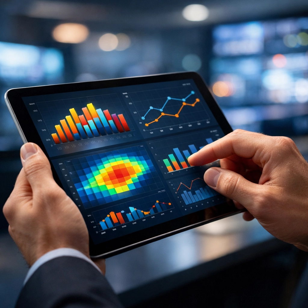 A professional analyzing a data analytics dashboard on a tablet to track brand partnership performance and ROI.