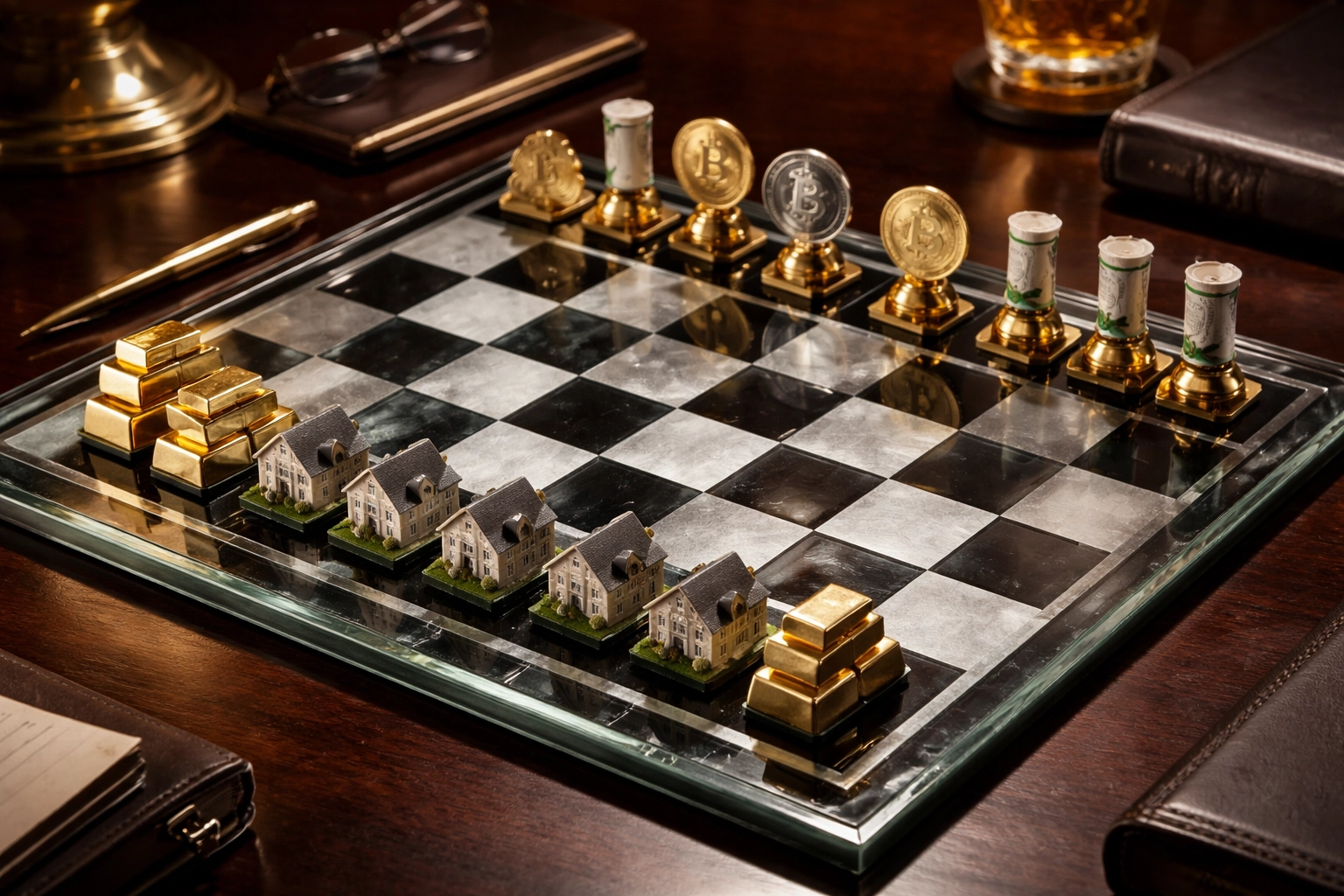 Chess board with gold bars, real estate, cryptocurrency, and stocks symbolizes strategic alternatives investing.