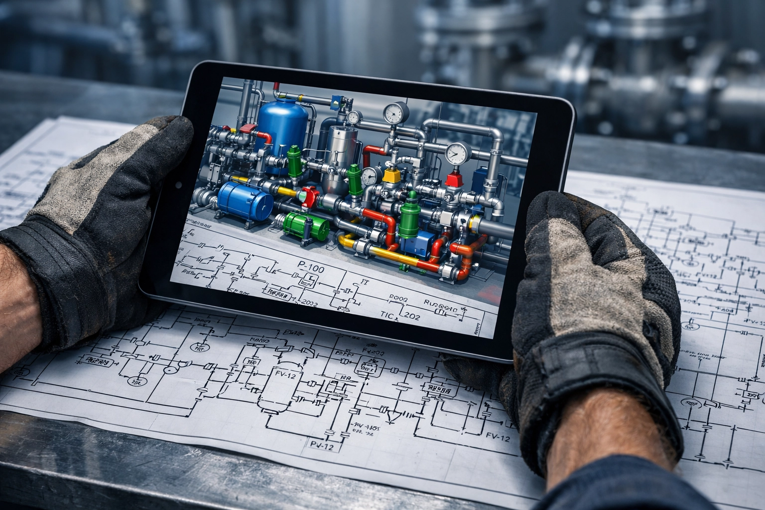 Engineering professional comparing detailed plant engineering design on a tablet with physical blueprints.