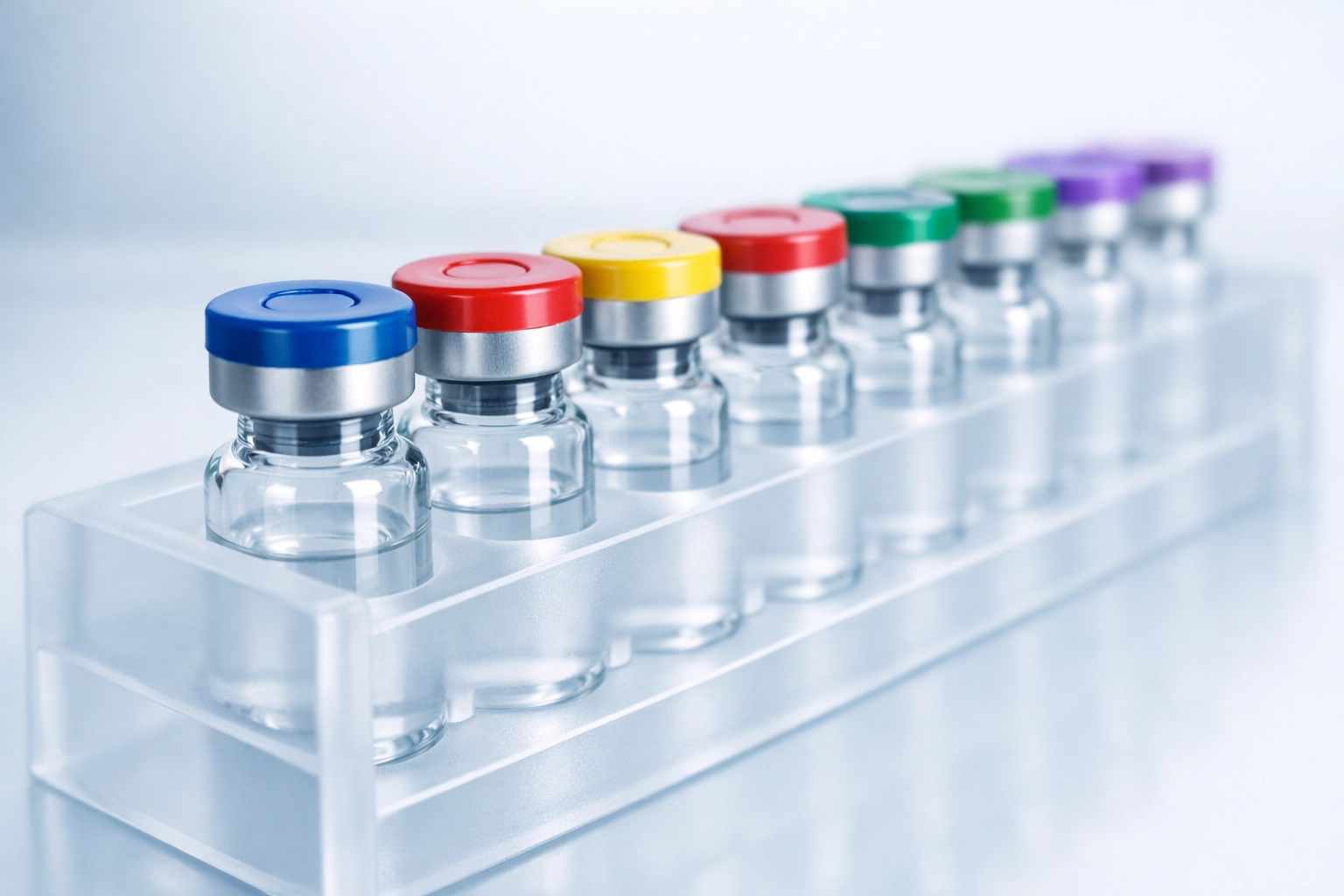 Proper storage of research peptide vials in a laboratory rack for longevity.