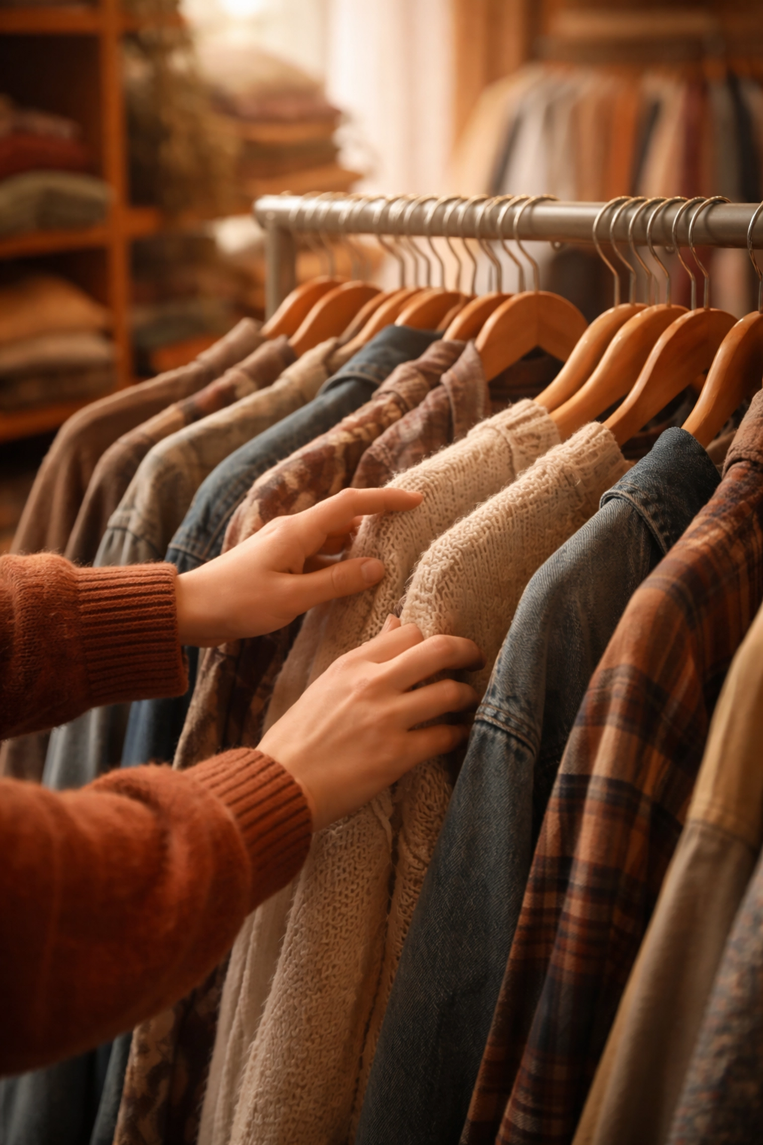 Hands browsing vintage clothing at a thrift store, showcasing inclusive secondhand fashion options for all genders.