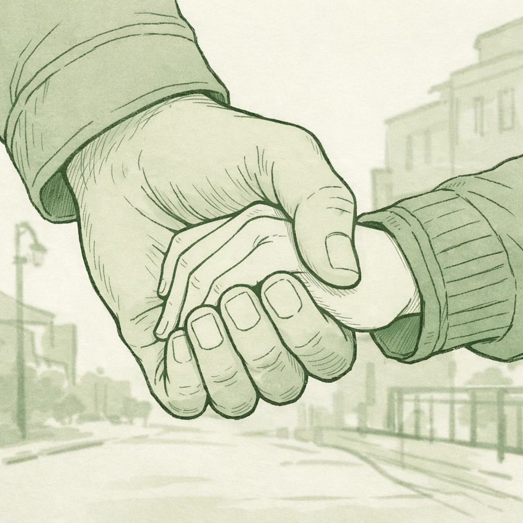 Large hand holding smaller hand showing protective intimacy in gay romance with size difference