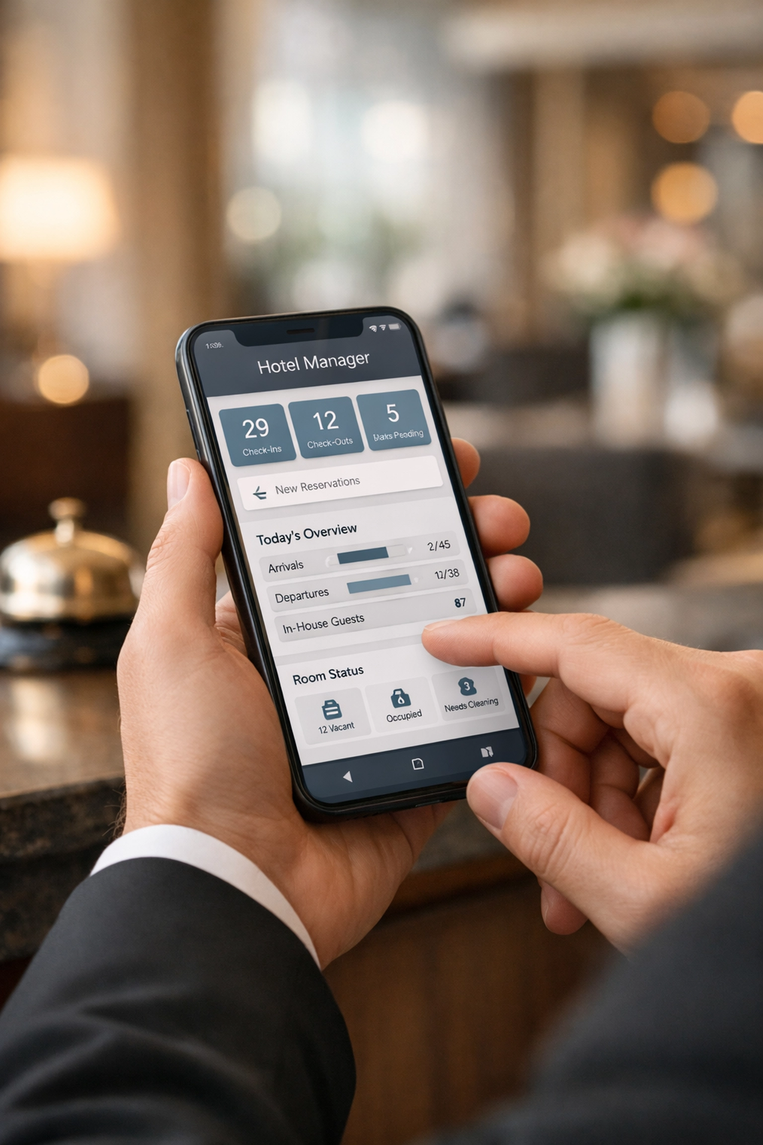Hotel staff using mobile hotel PMS on smartphone for guest check-in automation