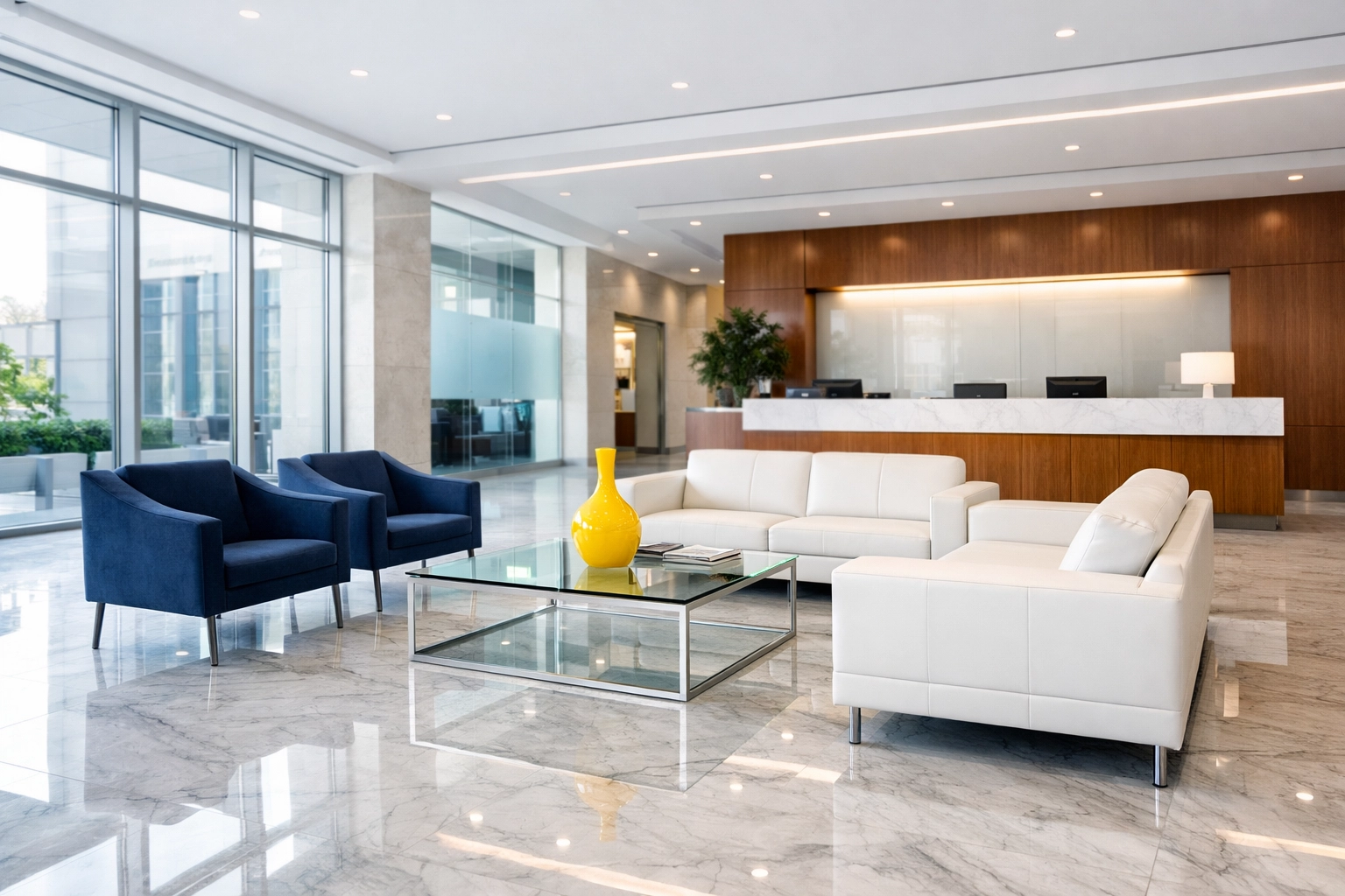 Professional office cleaning in Lancaster showing a clean modern reception with polished marble floors.