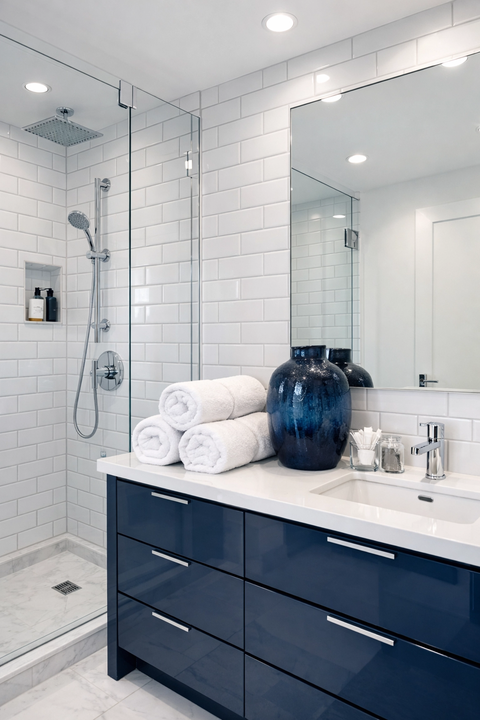 Pristine luxury bathroom with clean tiles and shower after professional apartment cleaning Milford.